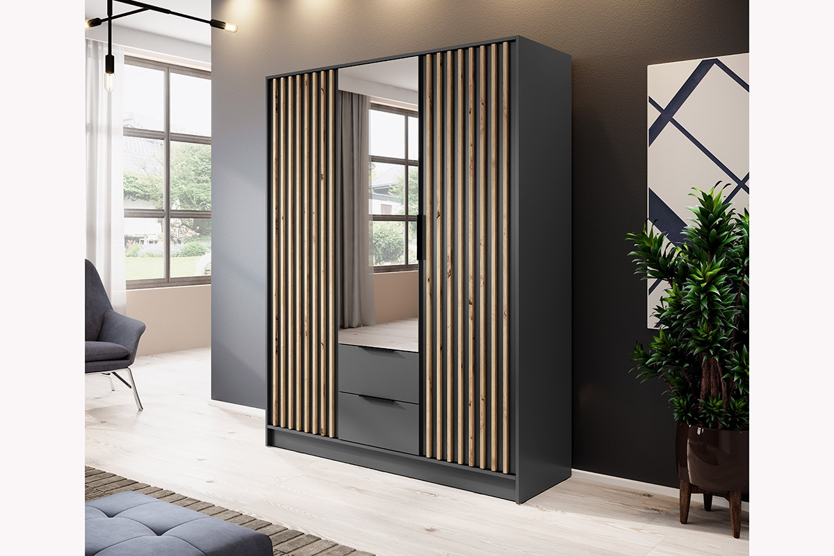 Skříň Neria 155 cm se zrcadlem - grafitová / dub artisan grafitové aranžmá se zrcadlem