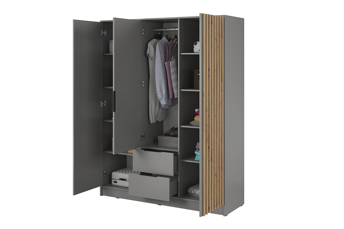 Skříň Neria 155 cm se zrcadlem - šedá / dub artisan šedá Skříň s lamelami a zrcadlem