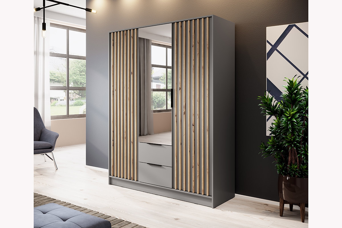 Skříň Neria 155 cm se zrcadlem - šedá / dub artisan šedá Skříň s lamelami