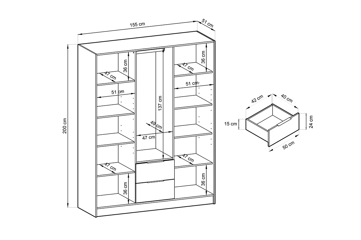 Skriňa s lamelami Neria - dub artisan / čierny Trojdverová skriňa s lamelami Neria - dub artisan / čierny - rozmery