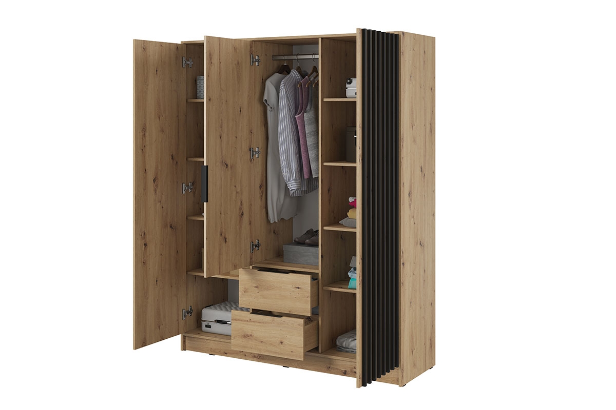 Skriňa s lamelami Neria - dub artisan / čierny priestranná skriňa s policami