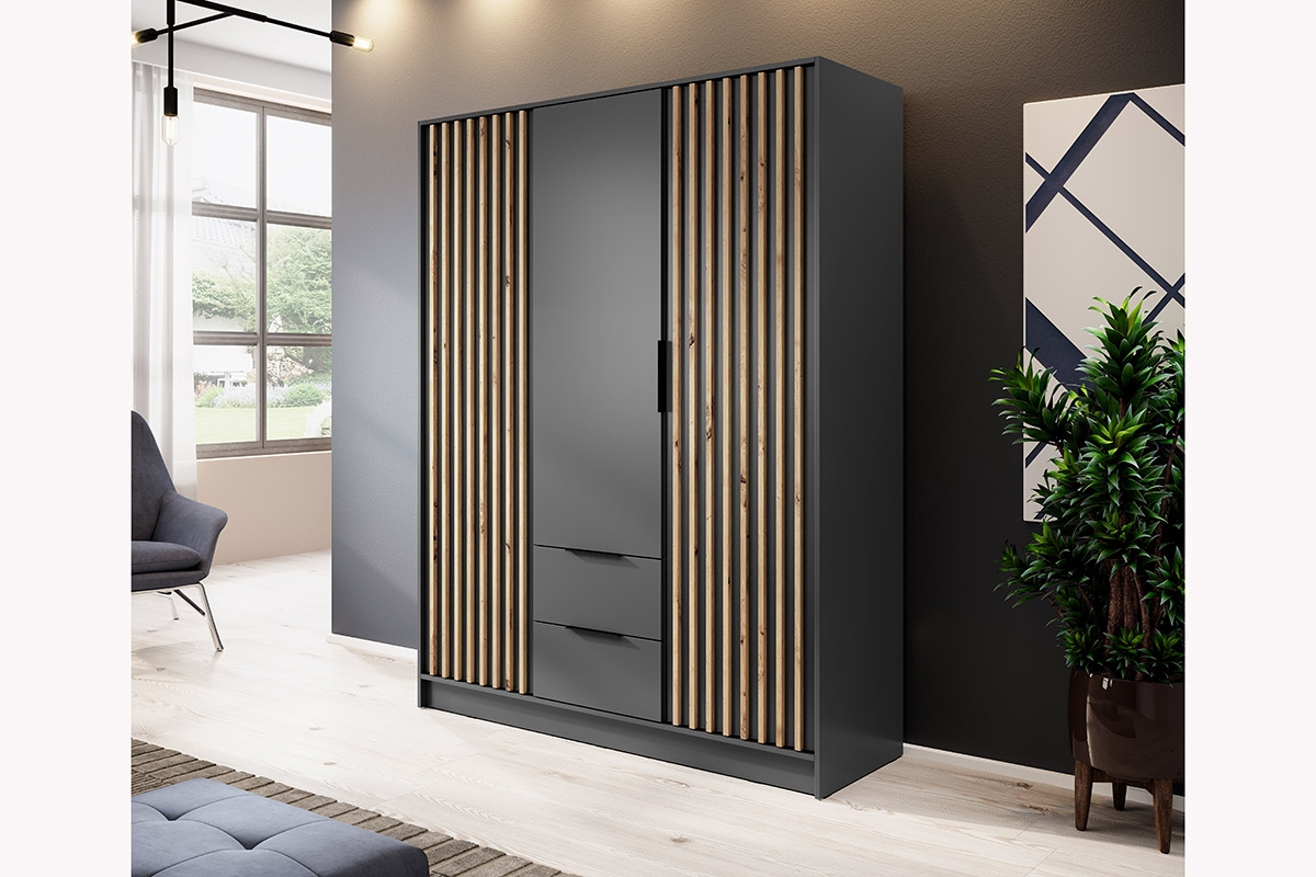 Skriňa s lamelami Neria - grafit / dub artisan Trojdverová skriňa s lamelami Neria - grafit / dub artisan - vizualizácia