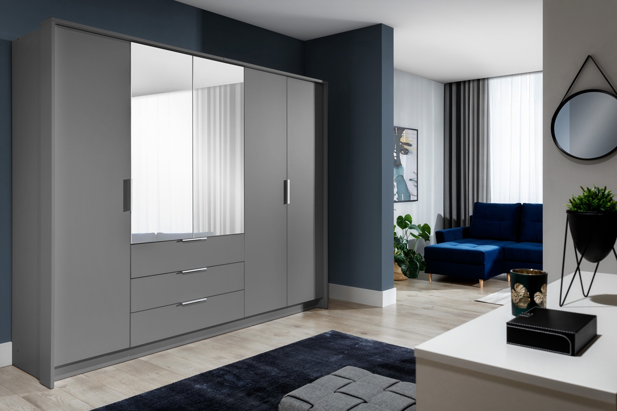 Šatní skříň Togo 255 cm se zrcadlem a zásuvkami - grafitová velká Skříň se zrcadlem 