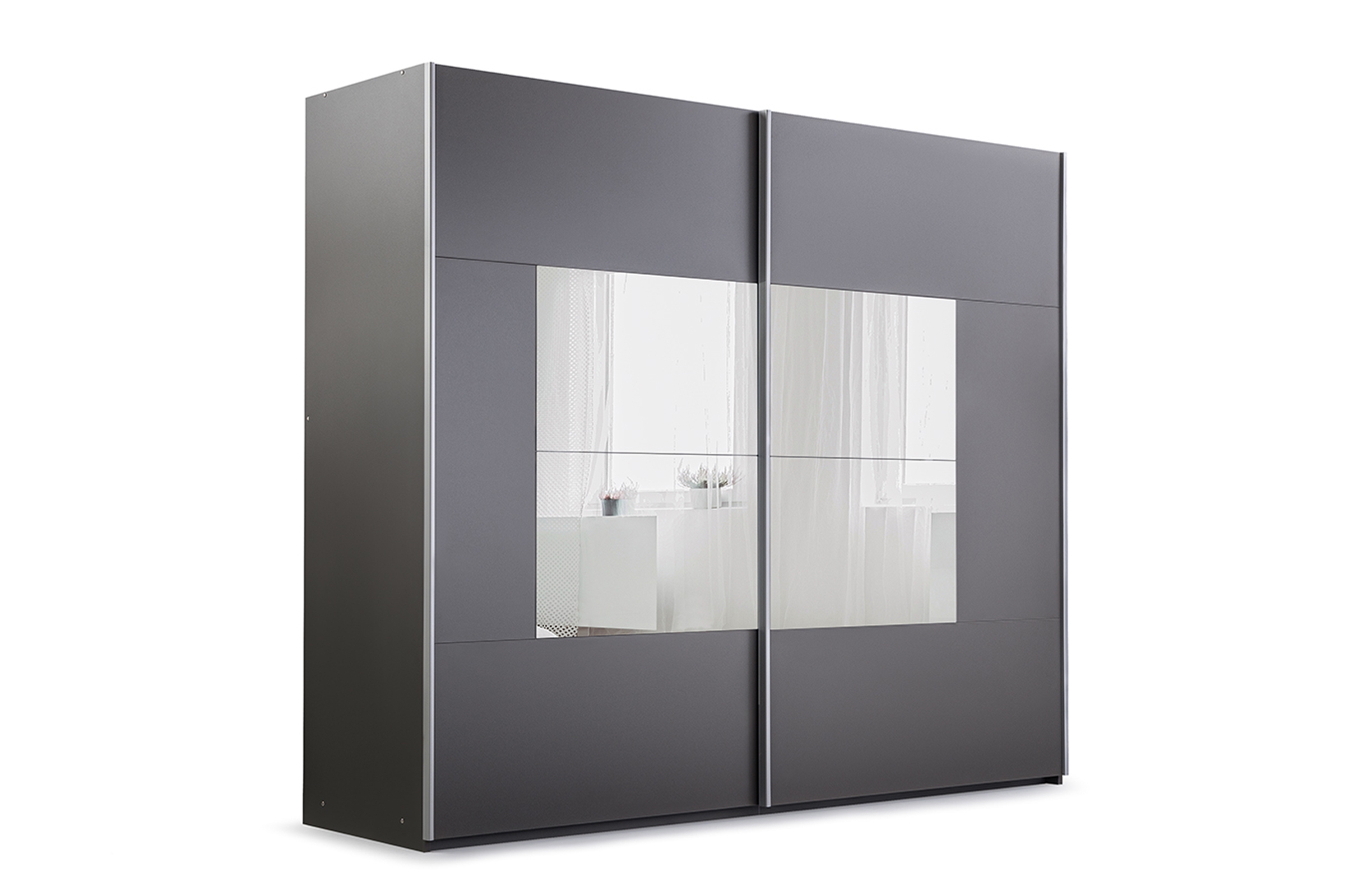Šatníková skriňa Boston 203 cm s posuvnými dverami a zrkadlom - grafitová Skriňa z zrkadlom Dalmari 203 s posuvnými dverami - grafit 