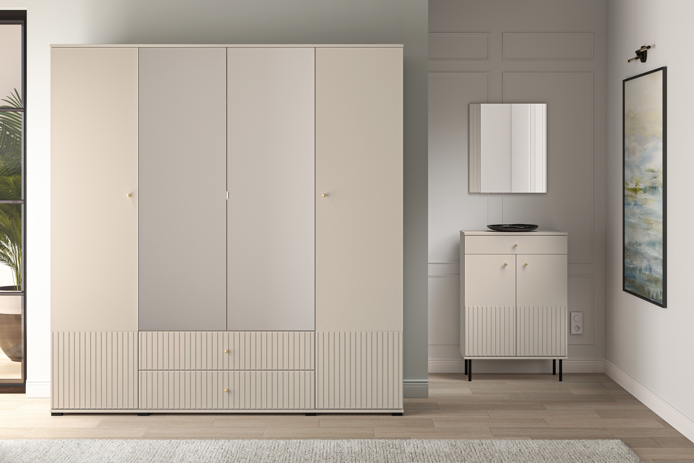 Skriňa z zrkadlom Jamuzi 200 cm - kašmír Skriňa z zrkadlom Jamuzi 23 - 150 cm - kašmír