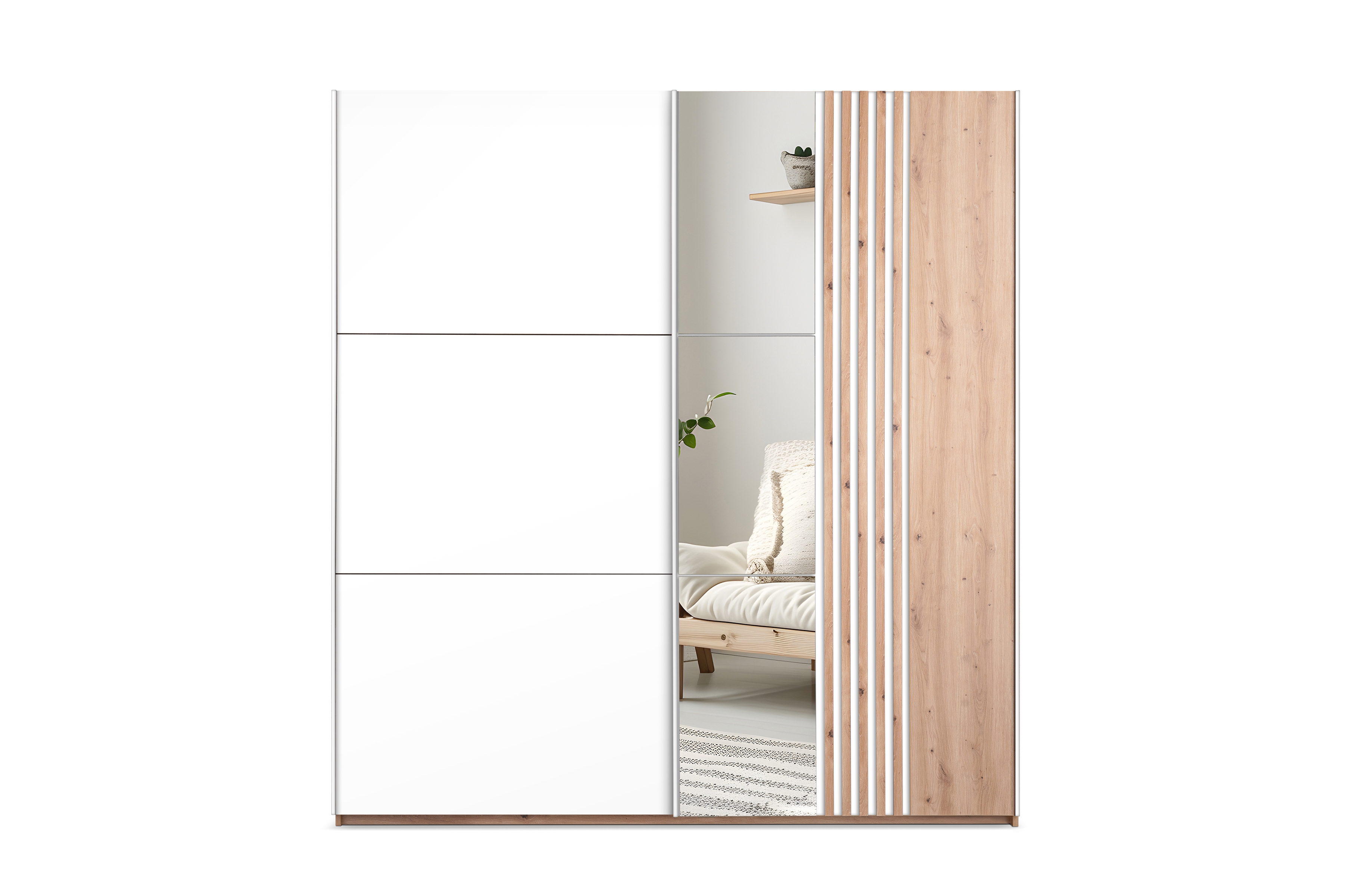 Skříň s posuvnými dveřmi Sintra 203 cm se zrcadlem - dub wotan / bílá skříň z zrcadlem Jonari 203 cm przesuwna z lamelami - dub wotan / bílá 