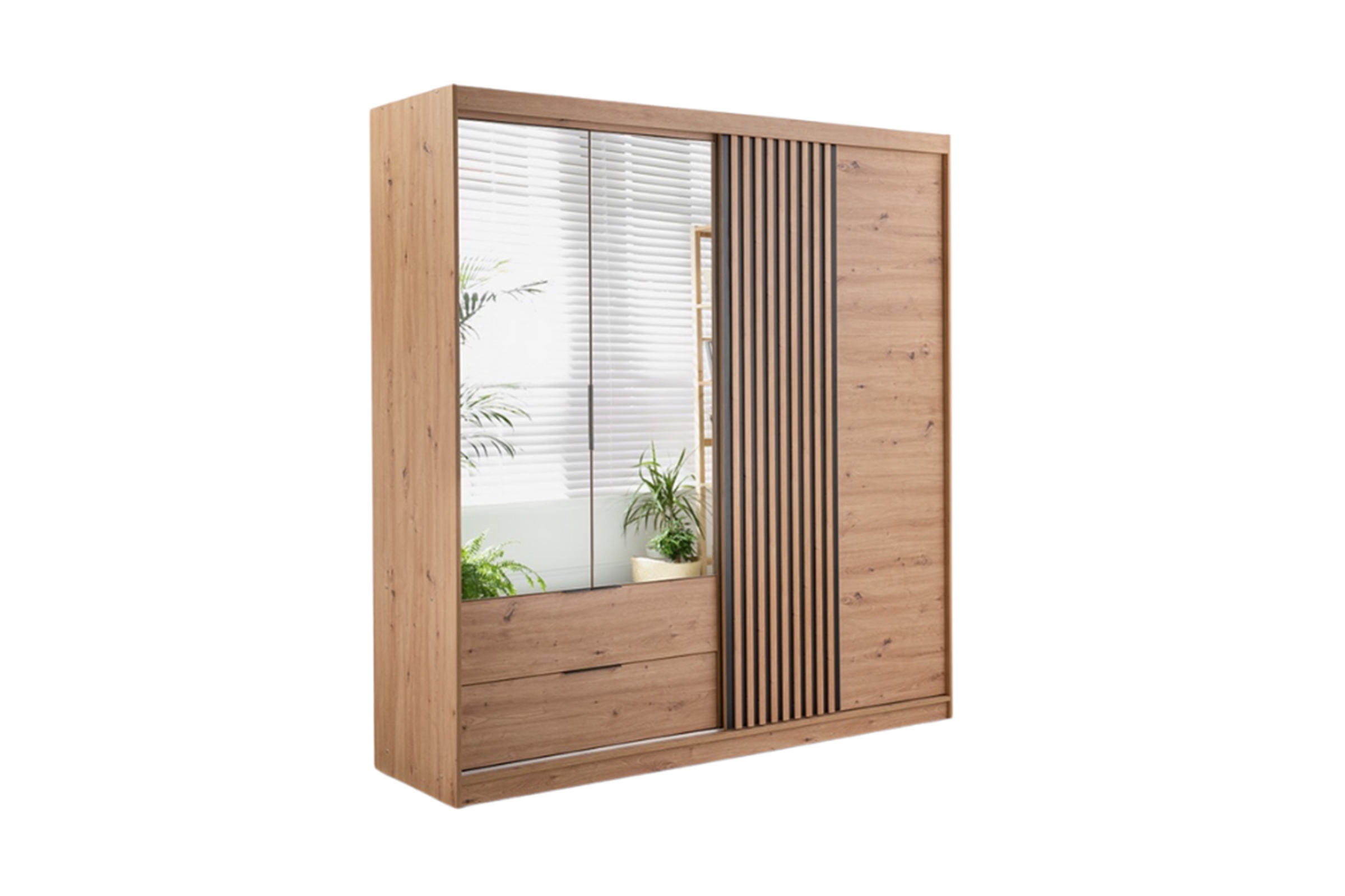 Skříň s posuvnými dveřmi Majorka 203 cm se zrcadlem a zásuvkami - dub artisan skříň z zrcadlem Nateo 103 przesuwna se zásuvkami - dub artisan 