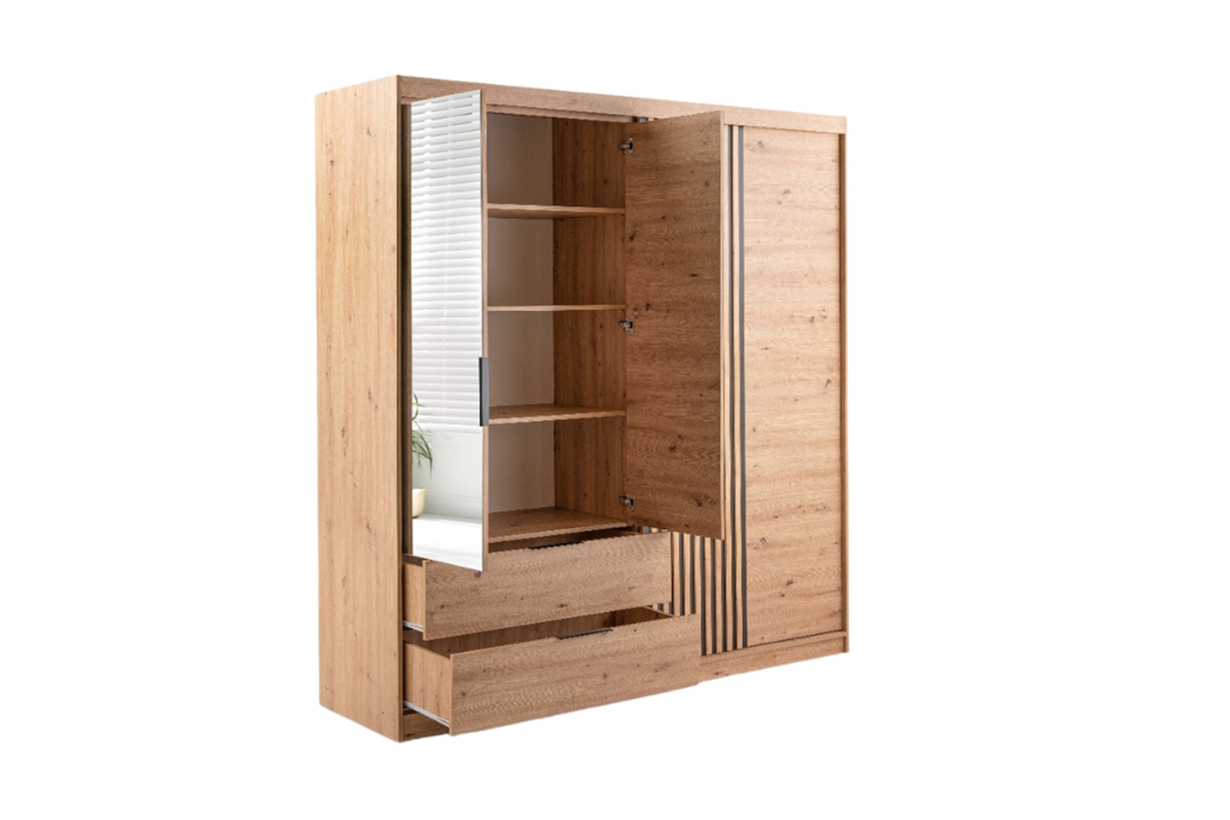 Skříň s posuvnými dveřmi Majorka 203 cm se zrcadlem a zásuvkami - dub artisan skříň z zrcadlem Nateo 103 przesuwna se zásuvkami - dub artisan 