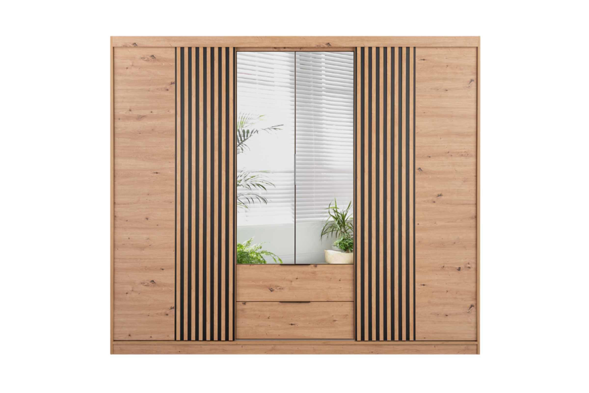 Skříň s posuvnými dveřmi Majorka 250 cm se zrcadlem a zásuvkami - dub artisan skříň z zrcadlem Nateo 250 przesuwna se zásuvkami - dub artisan 