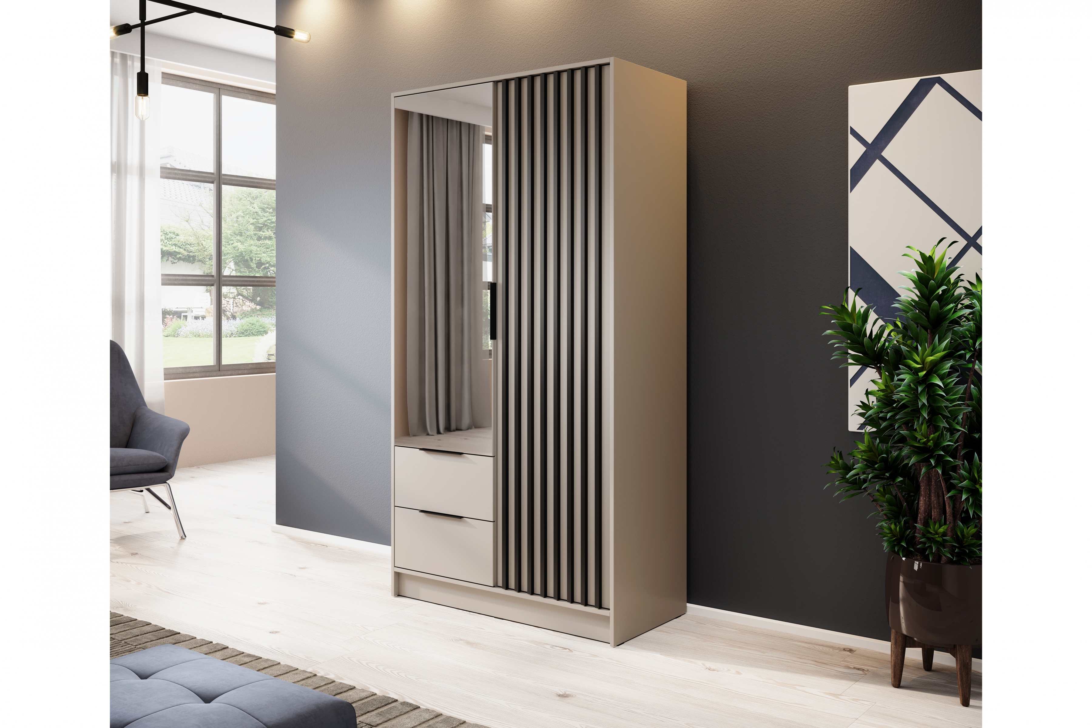 skříň z zrcadlem Neria 105 cm - kašmír / černá skříň z zrcadlem Neria 105 cm - kašmír / černá