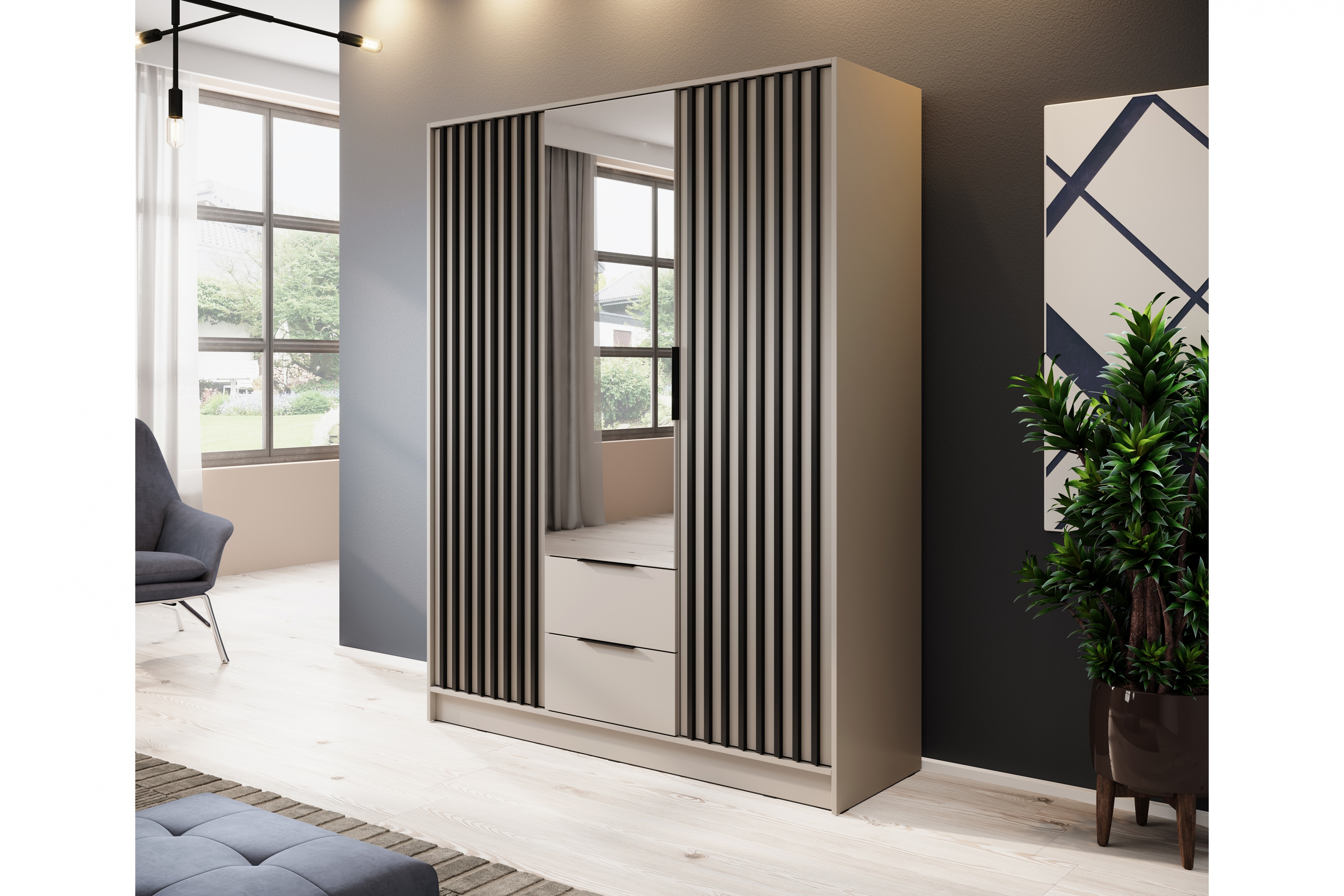 skříň z zrcadlem Neria 155 cm - kašmír / černá skříň z zrcadlem Neria 155 cm - kašmír / černá