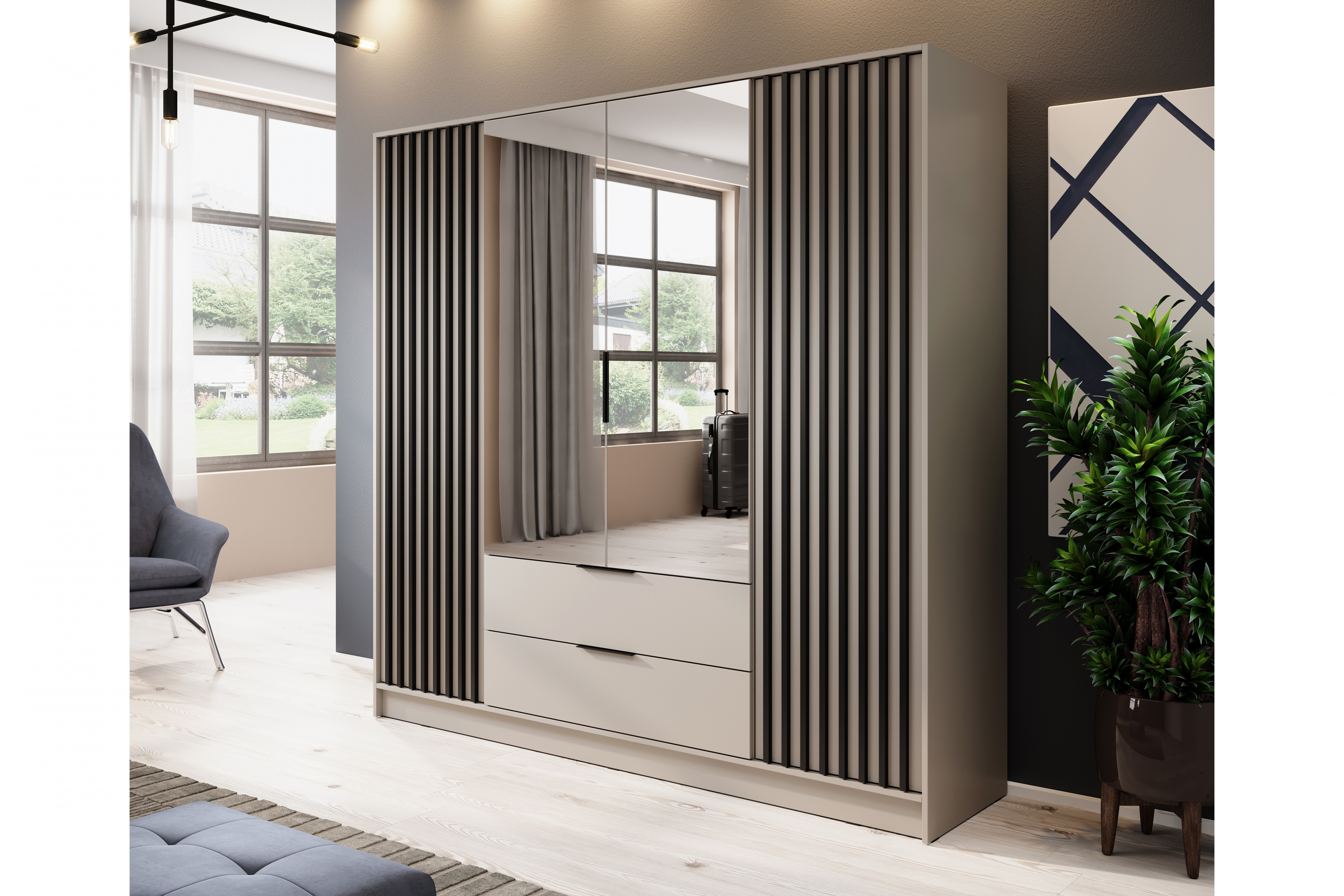 Skriňa z zrkadlom Neria 206 cm - kašmír / Čierny Skriňa z zrkadlom Neria 206 cm - kašmír / Čierny