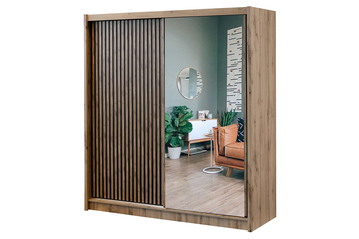 Skriňa s posuvnými dverami s lamelami so zrkadlom London 203 cm - Dub wotan / Čierny Skriňa s posuvnými dverami z lamelami z zrkadlom London 203 cm - Dub wotan / Čierny 