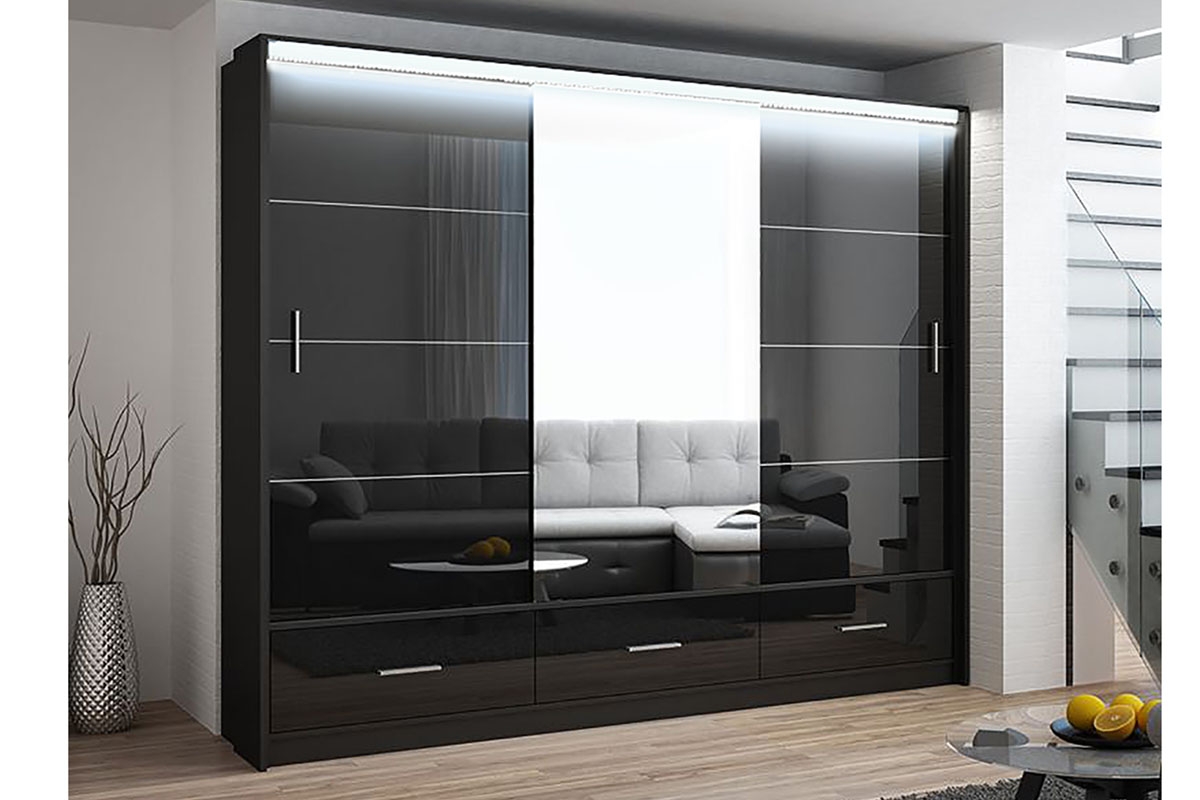 Skříň Marsylia 250 cm - černý lesk / zrcadlo skříň Marsylia aranzacja