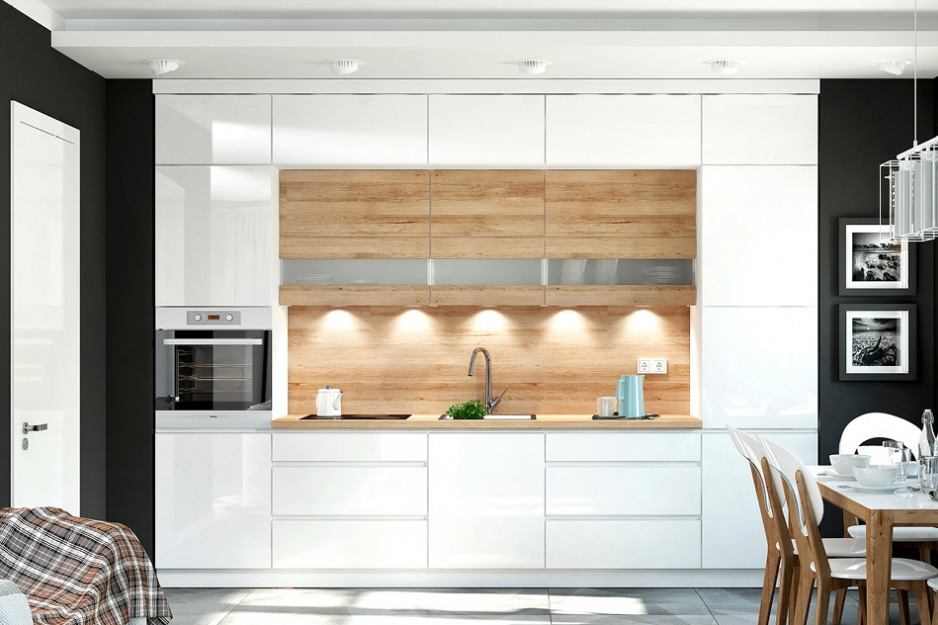 Závěsná kuchyňská skříňka Campari WK20/72 otevřená s policemi kolekce nábytku kuchennych Campari - Zbarvení předních části Bílý lesk i buk artisan 