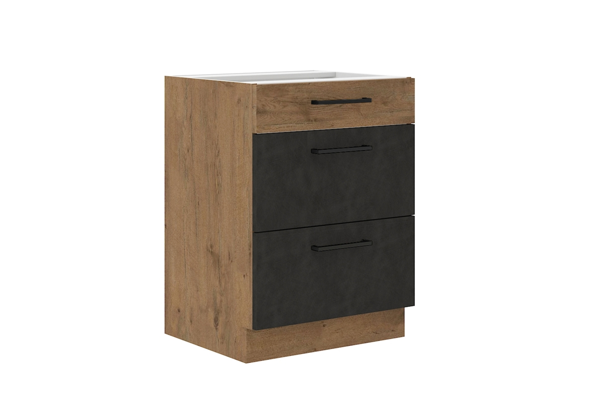 Spodní skříňka se zásuvkami Vindigo Bold 60 D 3S BB Skříňka kuchyňská se třemi  zásuvkami Vindigo Bolt 60 D 3S - Dub lancelot / matera šedý