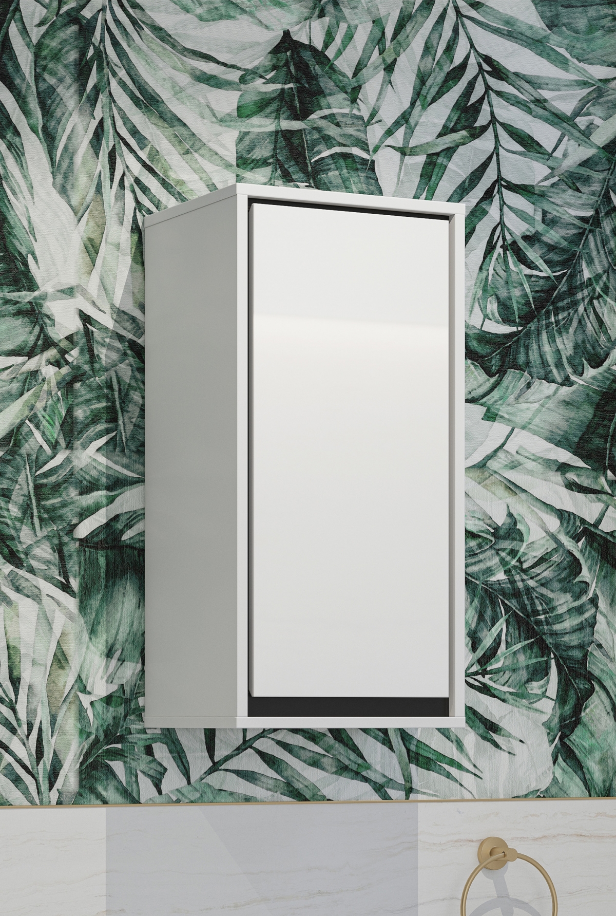 Závěsná koupelnová skříňka Irvine 35 cm – bílá-černá / bílý lesk skříňka lazienkowa Irvine 1D 35 cm závěsná  - bílá-černá / bílá lesk