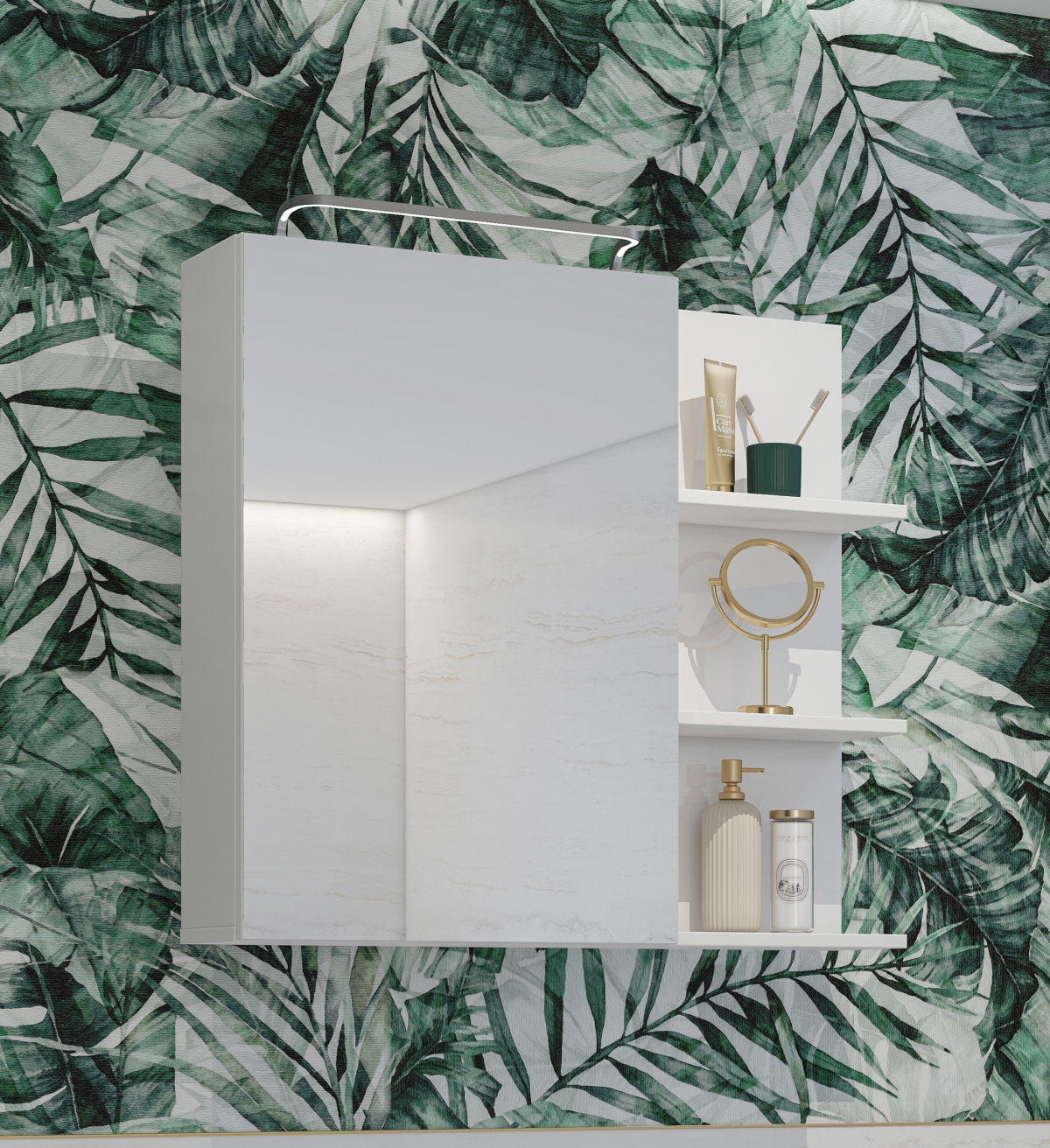 Závesná skrinka do kúpelne Irvine 78 cm so zrkadlom – bielo-čierna / biely lesk Skrinka lazienkowa Irvine 78 cm závesná z zrkadlom - Biely-čierny / biela lesk