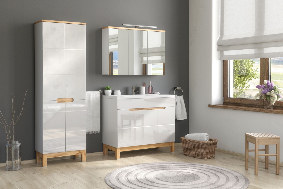 Skrinka so zrkadlom Bali White New 845 - Dub wotan / biely mat Skrinka z zrkadlom Bali White New 845 - Dub wotan / biely mat