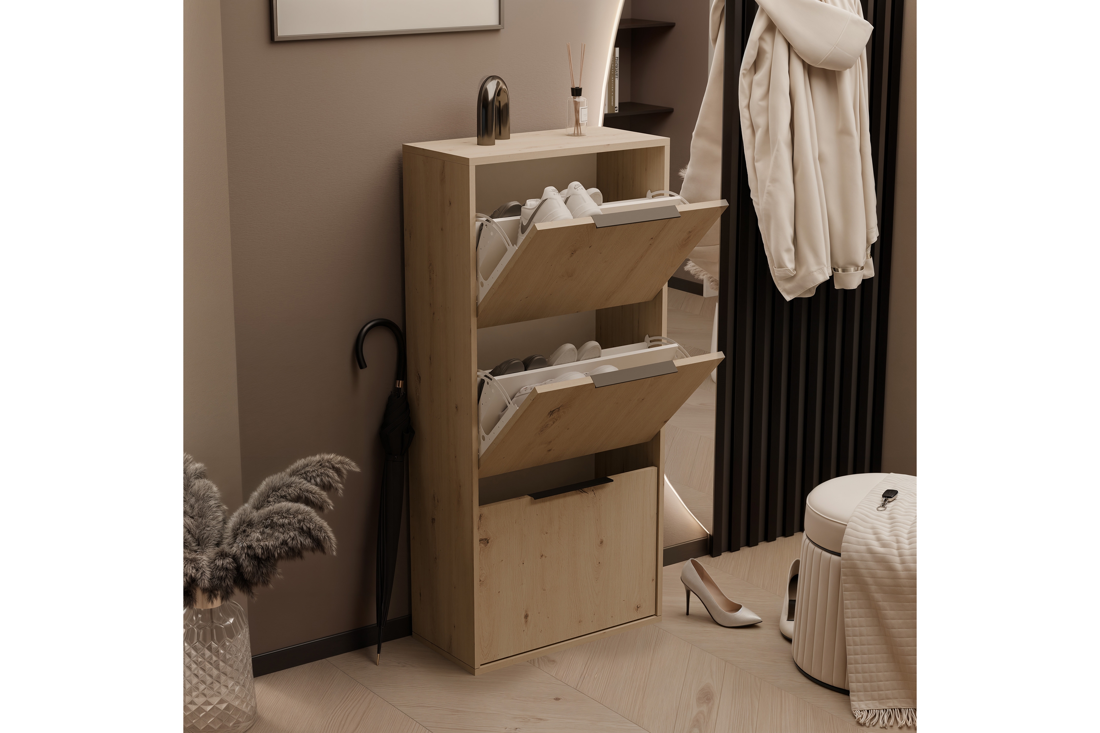 Botník Milo trojposchodový - dub artisan Skrinka na topánky Milo trzypoziomowa - Dub artisan