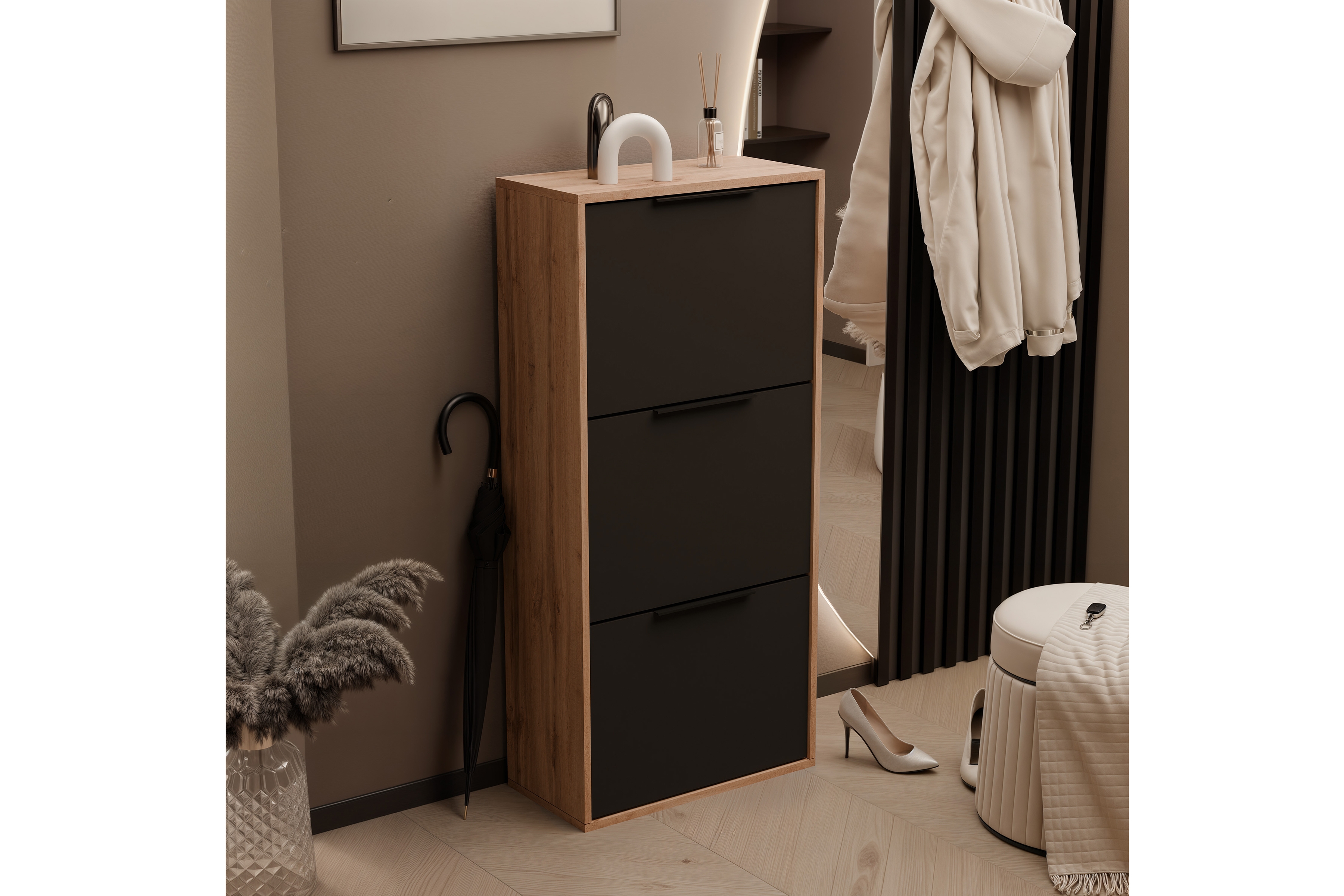 Botník Milo trojposchodový - dub wotan / čierna Skrinka na topánky Milo trzypoziomowa - Dub wotan / Čierny