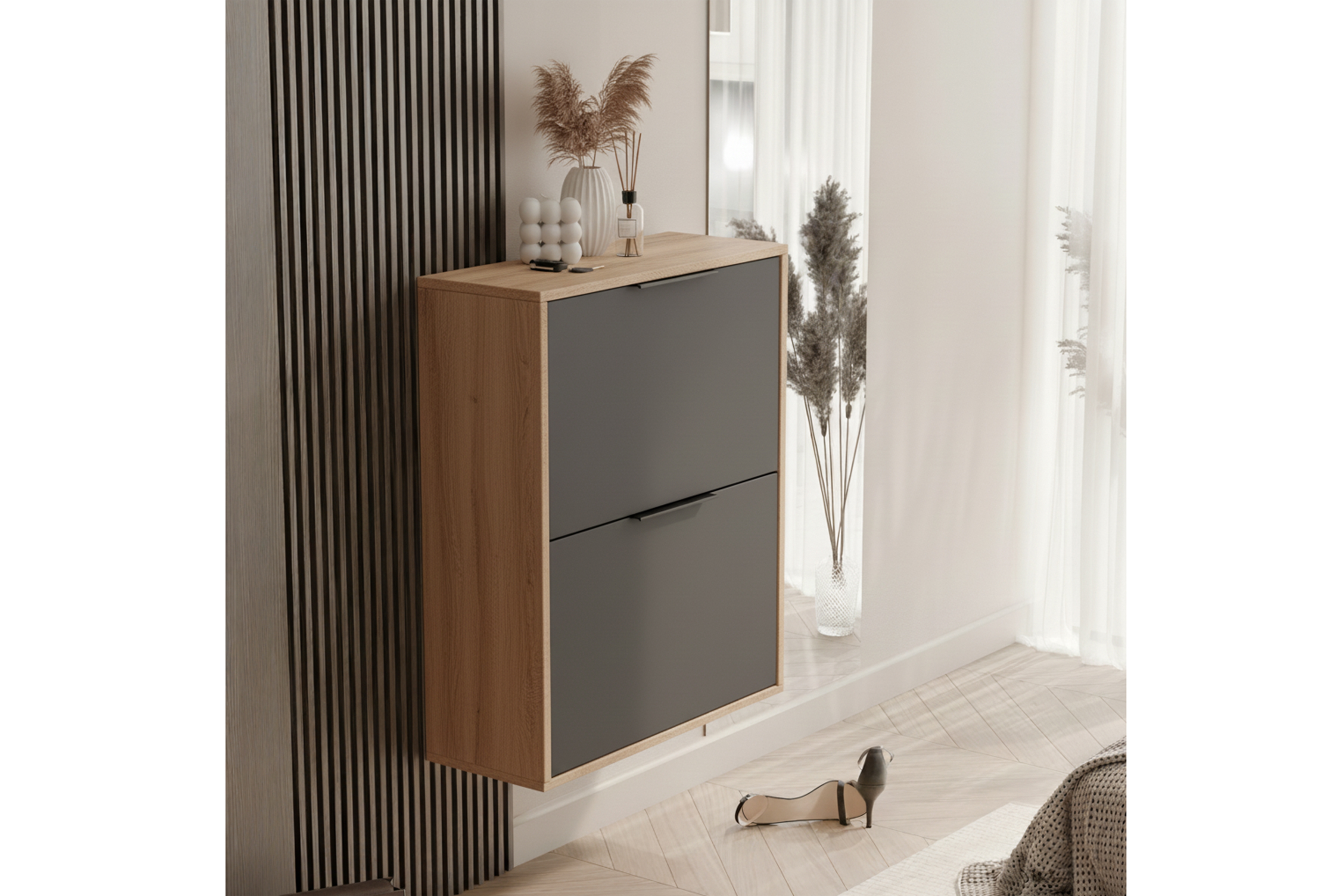 Závesná / stojaca dvojúrovňová skrinka na topánky Milo - dub wotan / čierna Skrinka na topánky Milo závesná / stojaca dvojúrovňový - Dub wotan / Čierny 