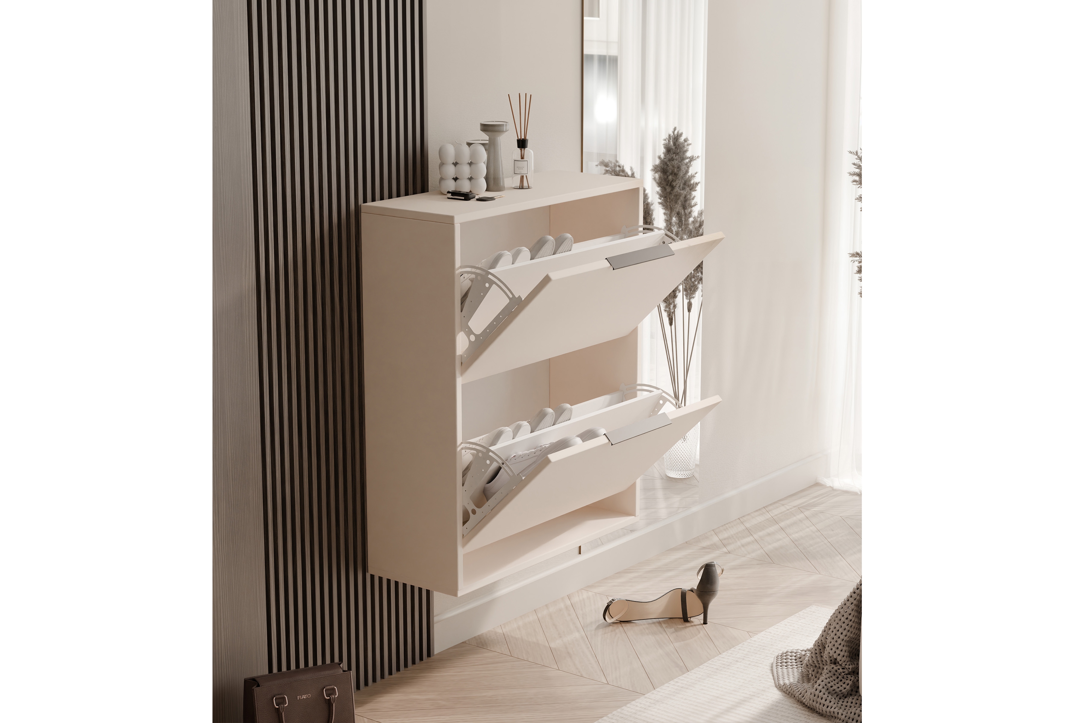 Závesná / stojaca dvojúrovňová skrinka na topánky Milo - piesková béžová Skrinka na topánky Milo závesná dvojúrovňový - Béžová Pieskový