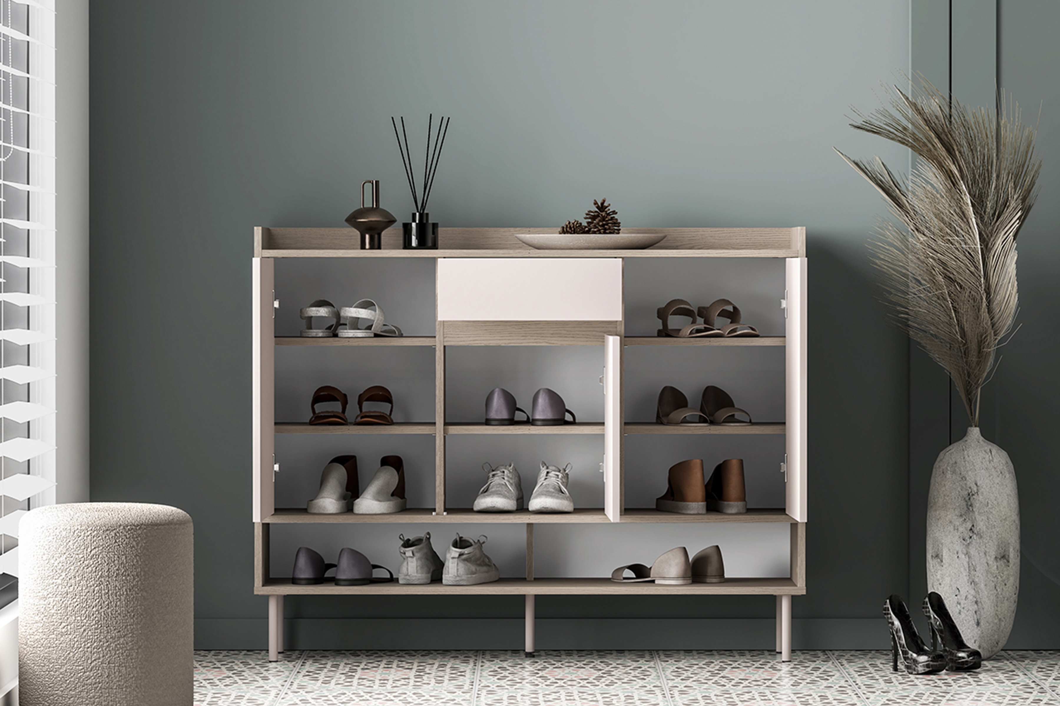 Botník Tivano 02 120 cm - kašmír / dub cremona skříňka na boty Voco 02 120 cm - kašmír / dub cremona