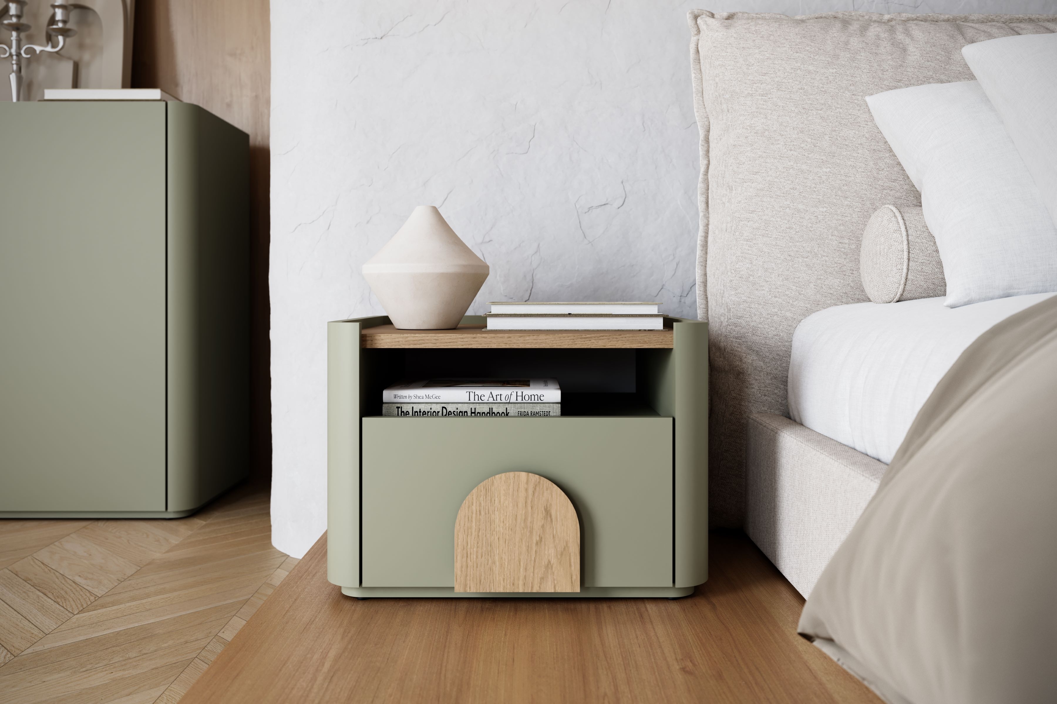 Nočný stolík Amilio 50 cm so zásuvkou - eukalyptus / dub baltic dune / úchytky dub prírodný Nočný Stolík Amilio z szuflada 50 cm - eukaliptus / Dub baltic dune / úchyty Dub prírodné