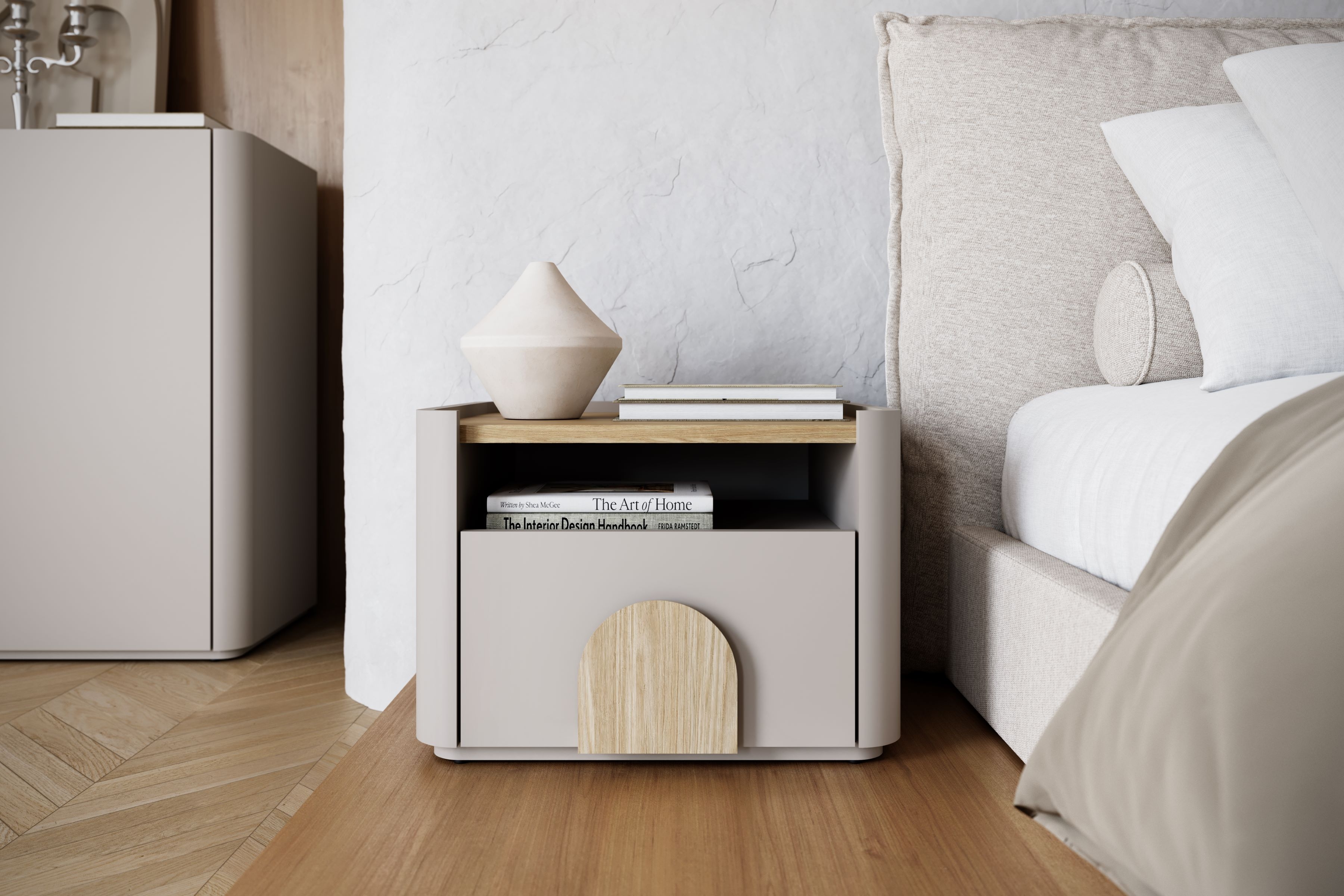 Nočný stolík Amilio 50 cm so zásuvkou - kašmír / olejovaný dub / úchytky svetlý dub Nočný Stolík Amilio z szuflada 50 cm - kašmír / Dub olejowany / úchyty Svetlý dub