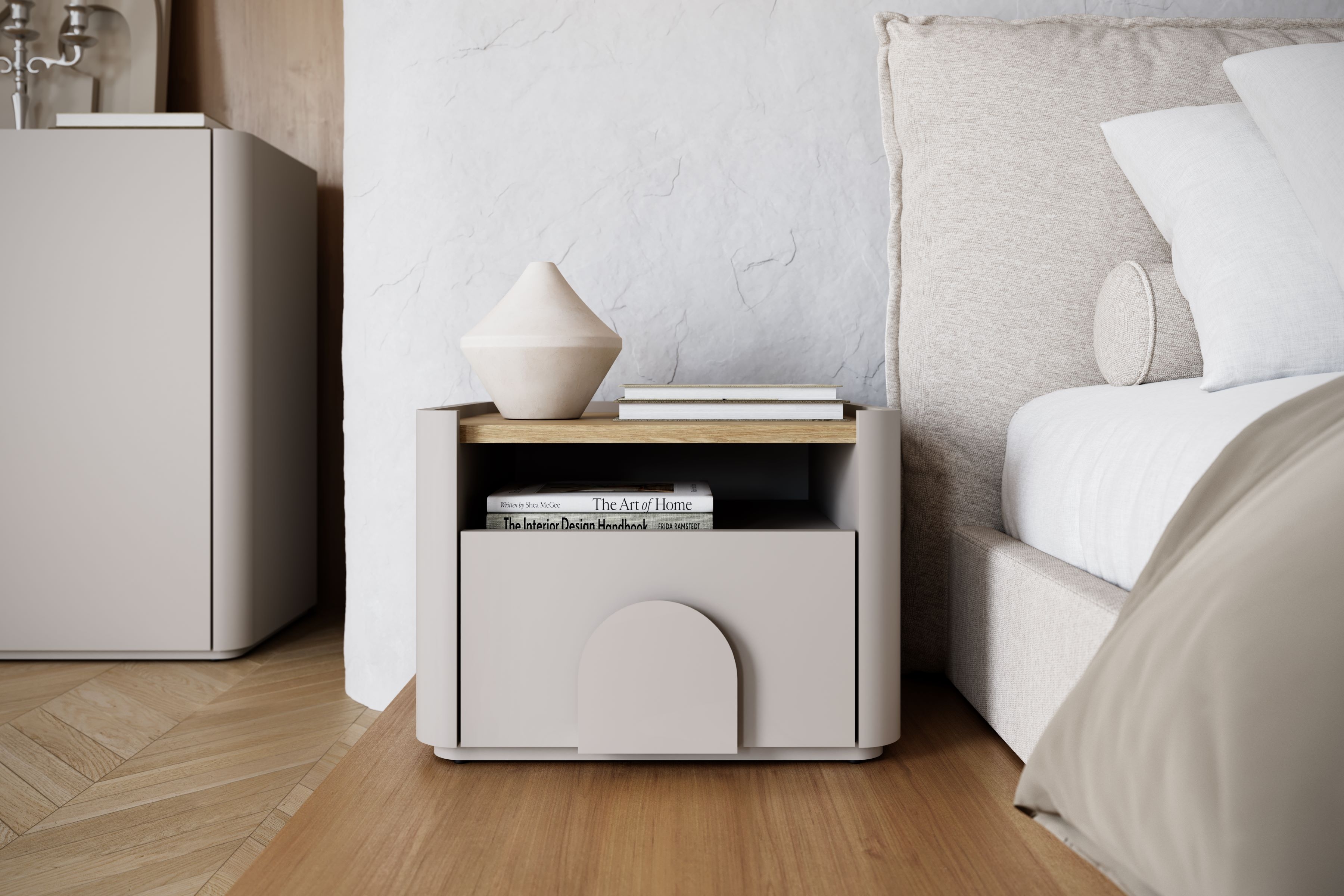 Nočný stolík Amilio 50 cm so zásuvkou - kašmír / olejovaný dub / úchytky kašmír Nočný Stolík Amilio z szuflada 50 cm - kašmír / Dub olejowany / úchyty kašmír