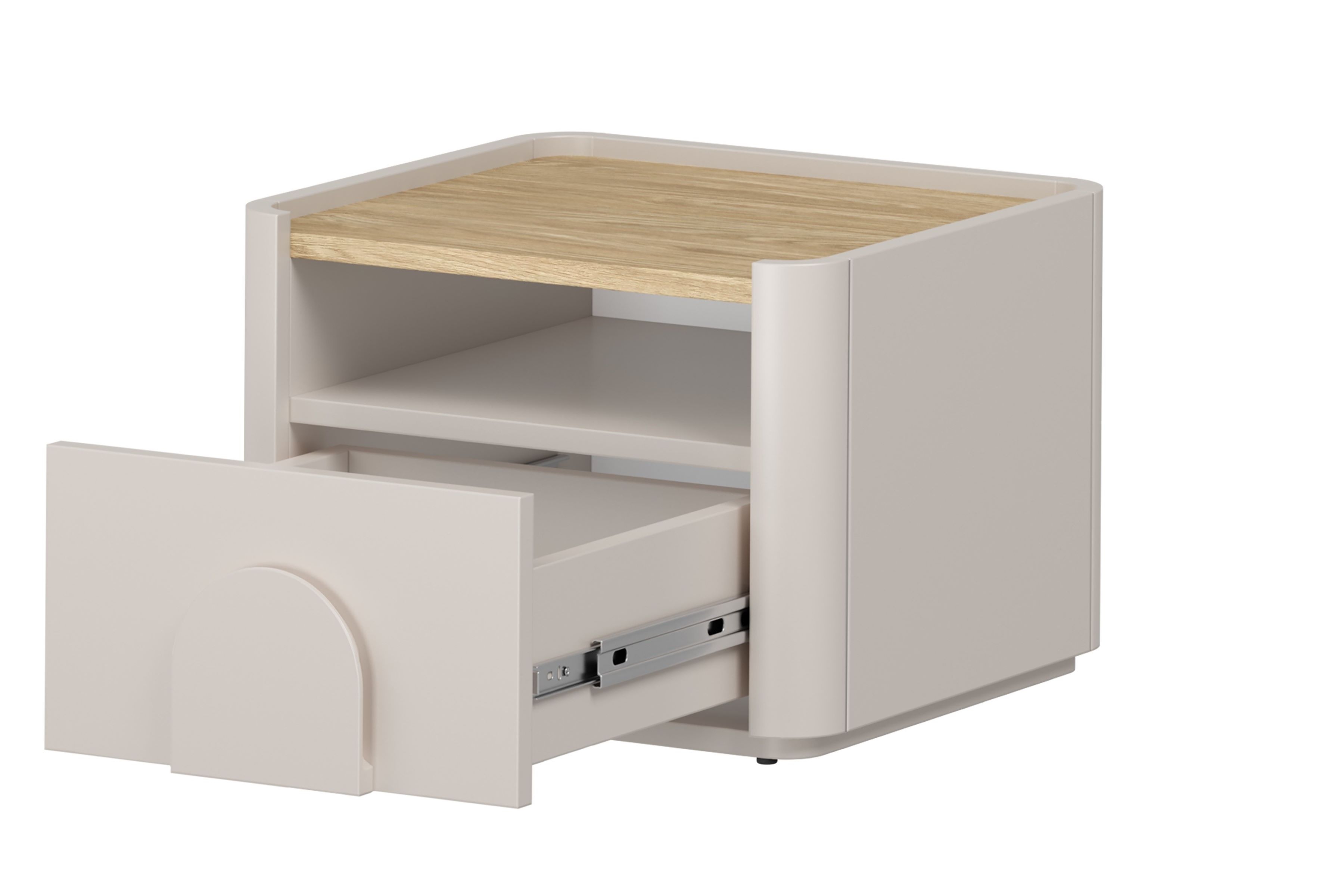 Nočný stolík Amilio 50 cm so zásuvkou - kašmír / olejovaný dub / úchytky kašmír Nočný Stolík Amilio z szuflada 50 cm - kašmír / Dub olejowany / úchyty kašmír