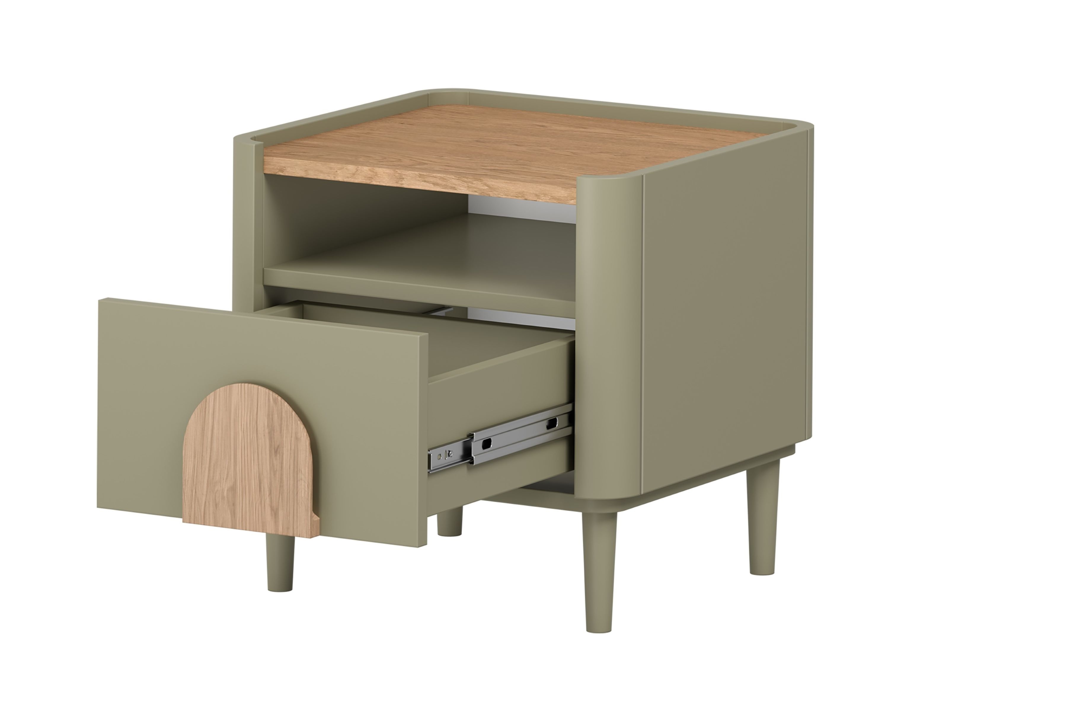Nočný stolík Amilio 50 cm so zásuvkou - eukalyptus / dub baltic dune / úchytky dub prírodný Nočný Stolík Amilio z szuflada 50 cm na nôžkach - eukaliptus / Dub baltic dune / úchyty Dub prírodné