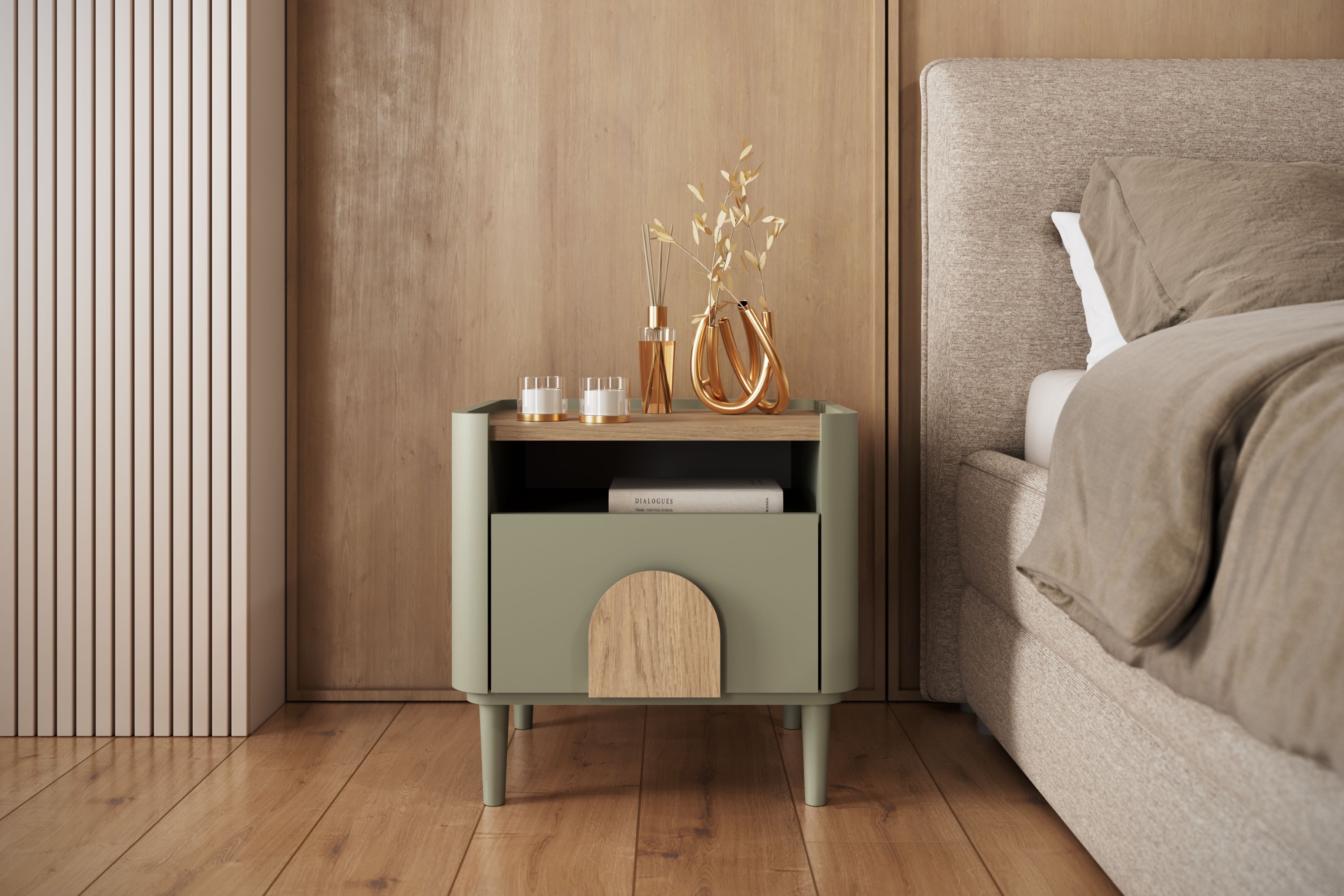 Nočný stolík Amilio 50 cm so zásuvkou - eukalyptus / dub baltic dune / úchytky dub prírodný Nočný Stolík Amilio z szuflada 50 cm na nôžkach - eukaliptus / Dub baltic dune / úchyty Dub prírodné