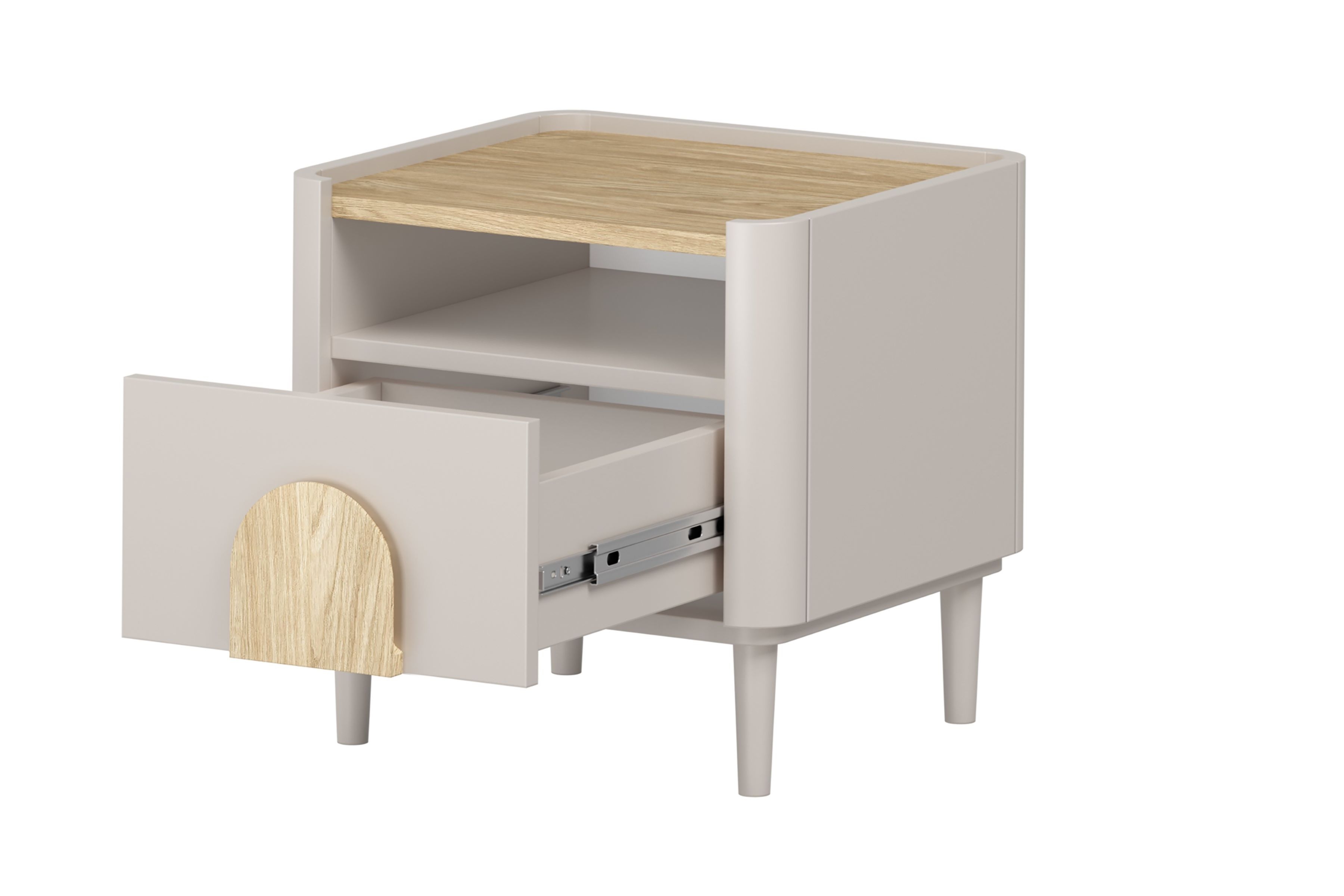 Nočný stolík Amilio 50 cm so zásuvkou - kašmír / olejovaný dub / úchytky svetlý dub Nočný Stolík Amilio z szuflada 50 cm na nôžkach - kašmír / Dub olejowany / úchyty Svetlý dub