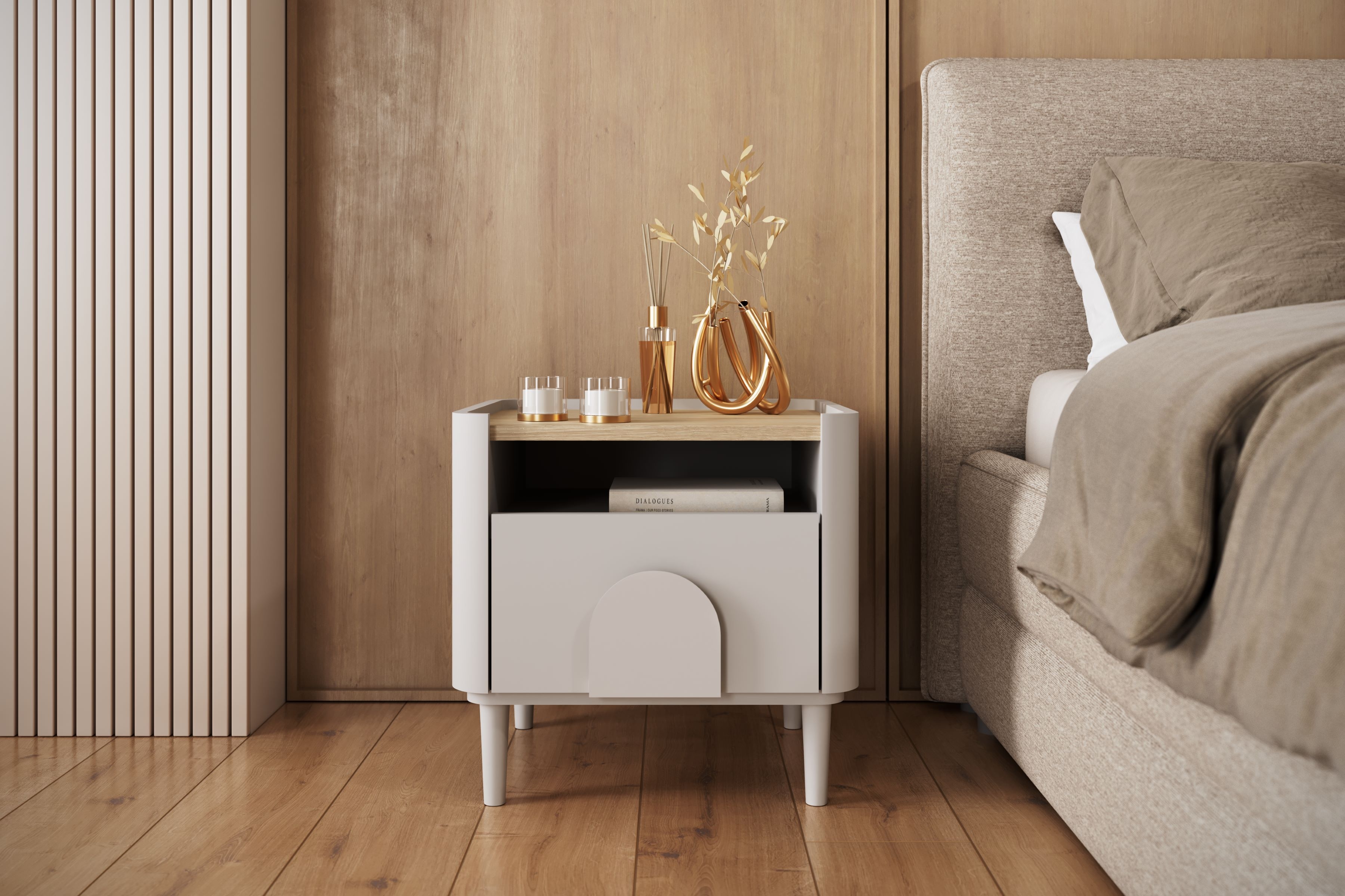 Nočný stolík Amilio 50 cm so zásuvkou - kašmír / olejovaný dub / úchytky kašmír Nočný Stolík Amilio z szuflada 50 cm na nôžkach - kašmír / Dub olejowany / úchyty kašmír