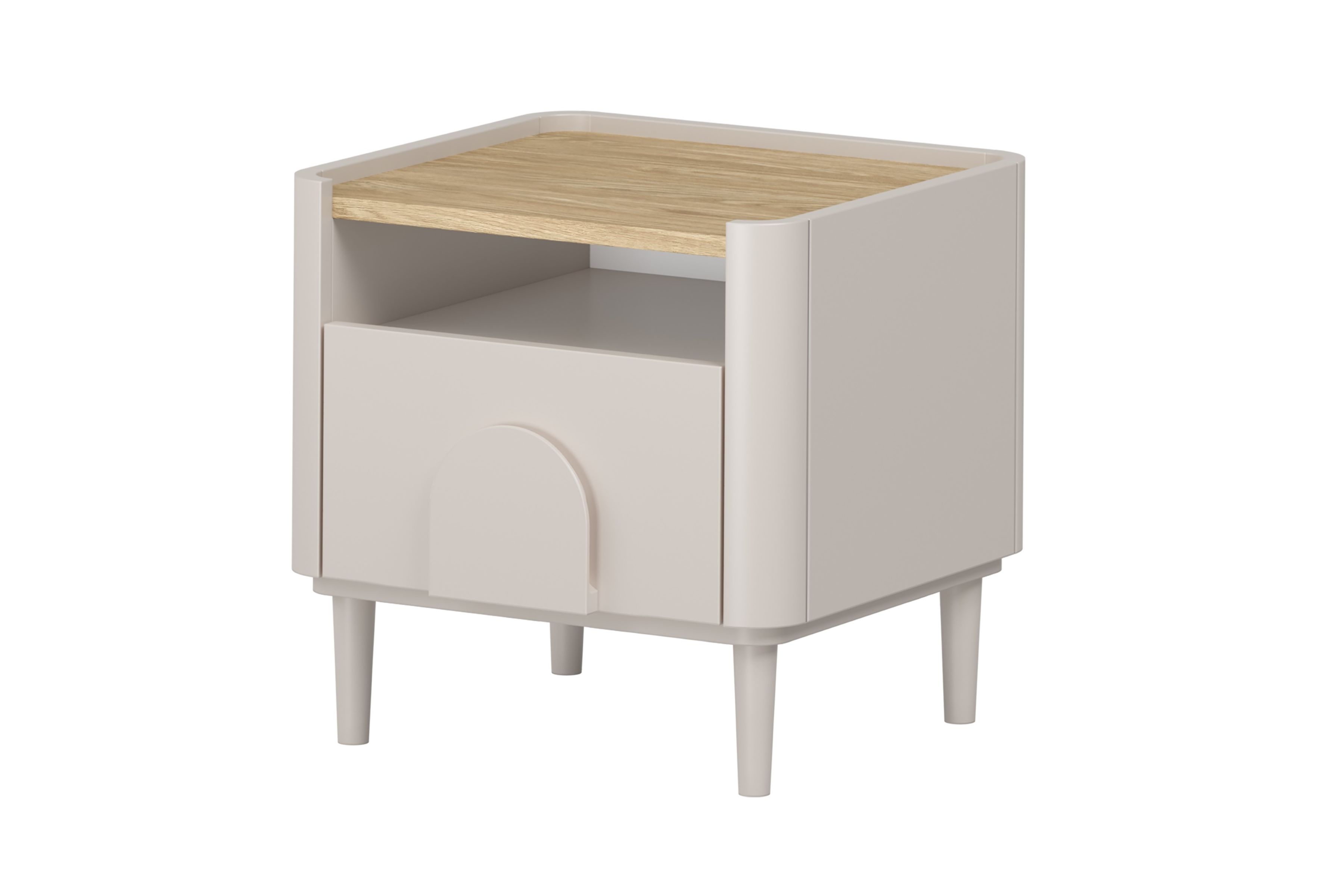 Nočný stolík Amilio 50 cm so zásuvkou - kašmír / olejovaný dub / úchytky kašmír Nočný Stolík Amilio z szuflada 50 cm na nôžkach - kašmír / Dub olejowany / úchyty kašmír