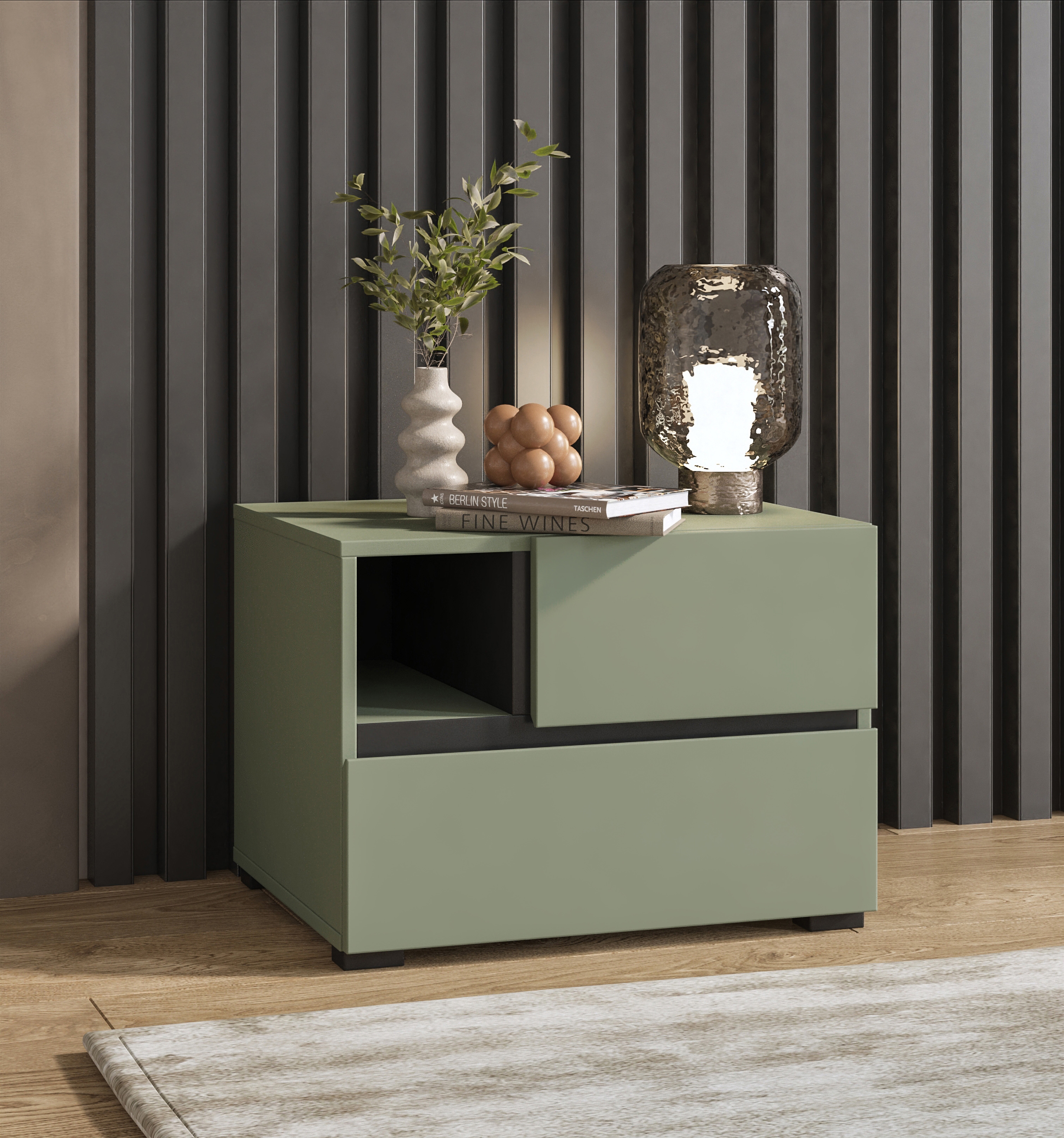 Noční stolek Cross 55 cm se zásuvkami – tlumená zelená / černá Noční stolek Cross 55 cm se zásuvkami - zgaszona zelená / zgaszona zelená - černá