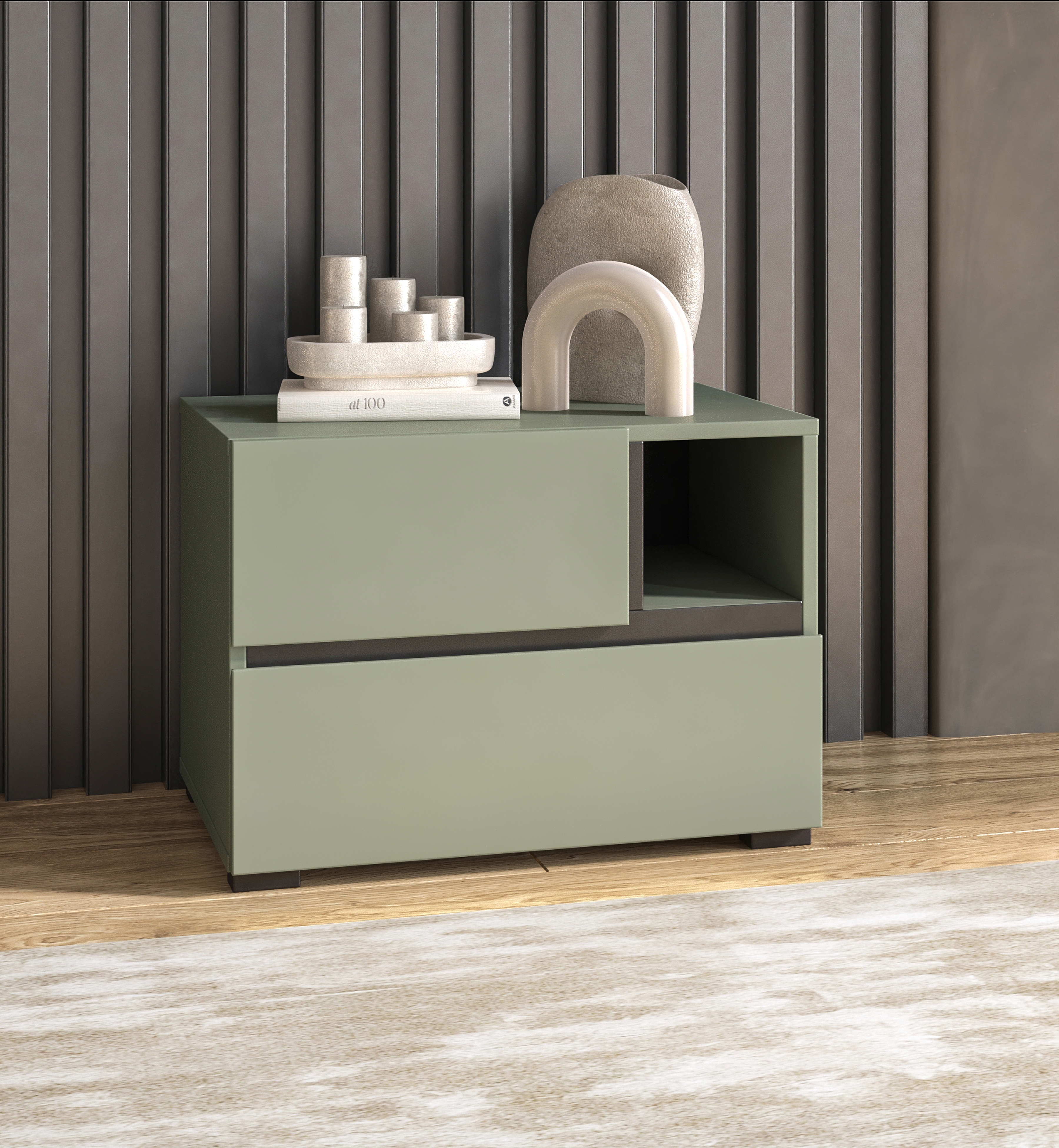 Noční stolek Cross 55 cm se zásuvkami – tlumená zelená / černá Noční stolek Cross 55 cm se zásuvkami - zgaszona zelená / zgaszona zelená - černá