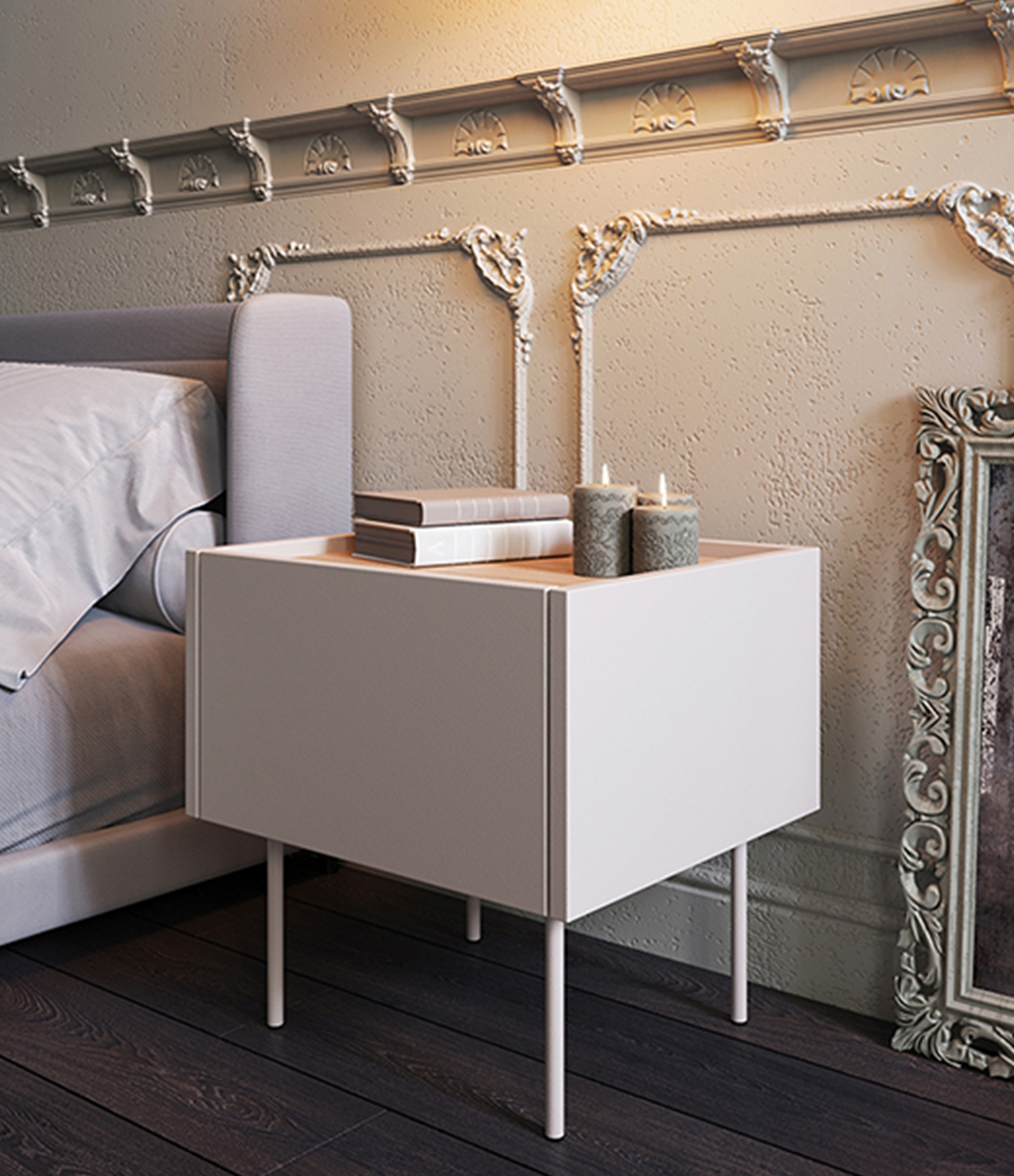 Noční stolek Desin 45 cm - kašmír / dub nagano Noční stolek Desin 45 cm z szuflada i metalowymi nogami - kašmír / dub nagano