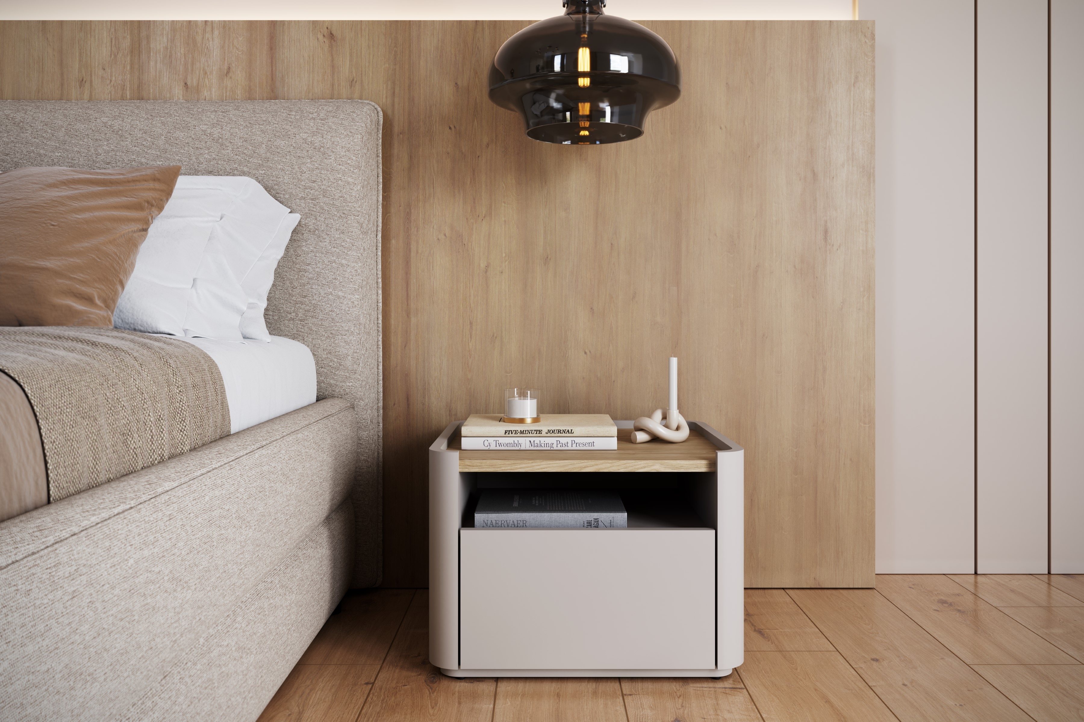 Nočný stolík Elivo 50 cm so zásuvkou - kašmírová / dub olejovaný Nočný Stolík Elivo 50 cm z szuflada - kašmír / Dub olejowany