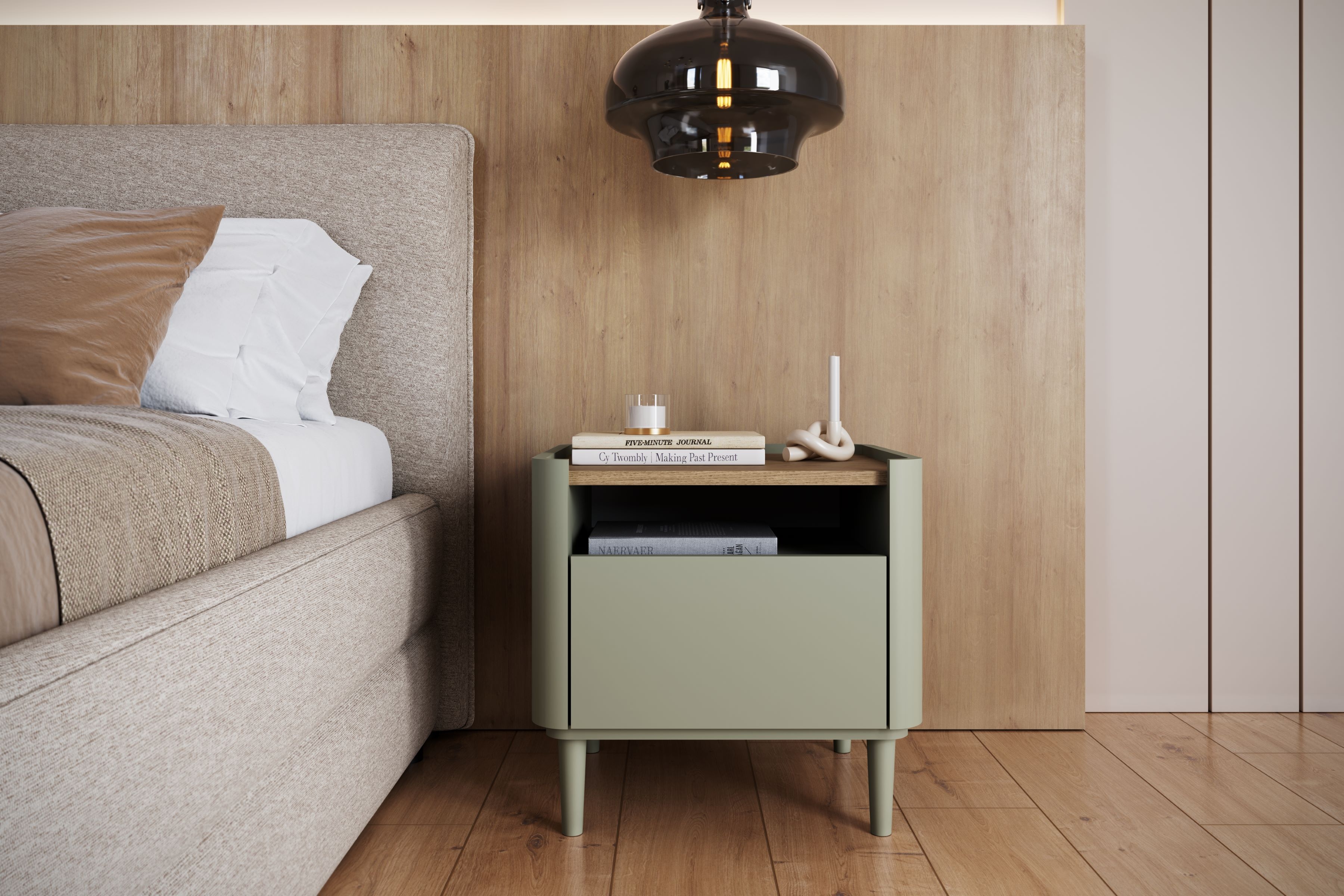 Nočný stolík Elivo 50 cm na nožičkách - eukalyptus / dub baltic dune Nočný Stolík Elivo 50 cm z szuflada na nôžkach - eukaliptus / Dub baltic dune