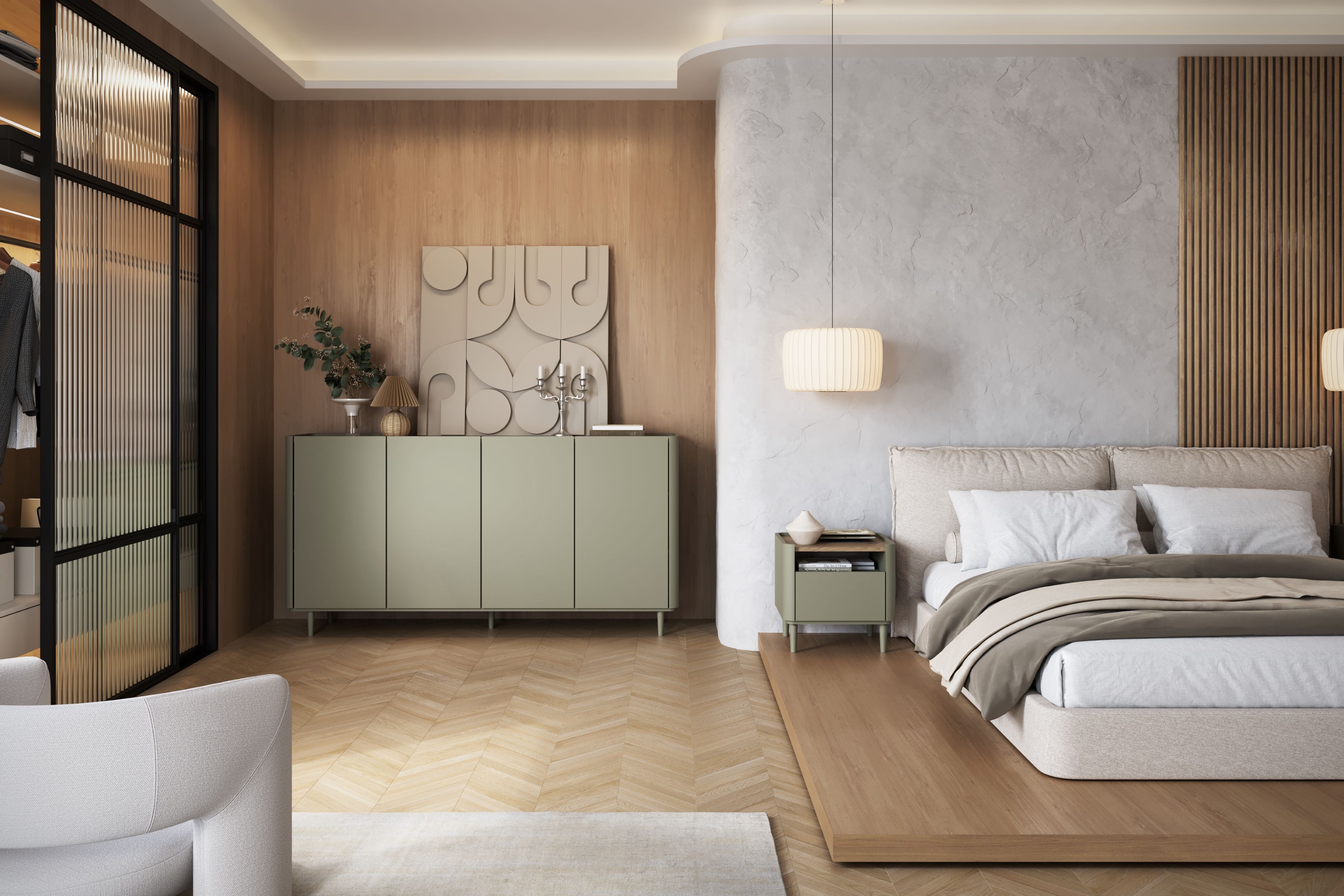 Nočný stolík Elivo 50 cm na nožičkách - eukalyptus / dub baltic dune Nočný Stolík Elivo 50 cm z szuflada na nôžkach - eukaliptus / Dub baltic dune