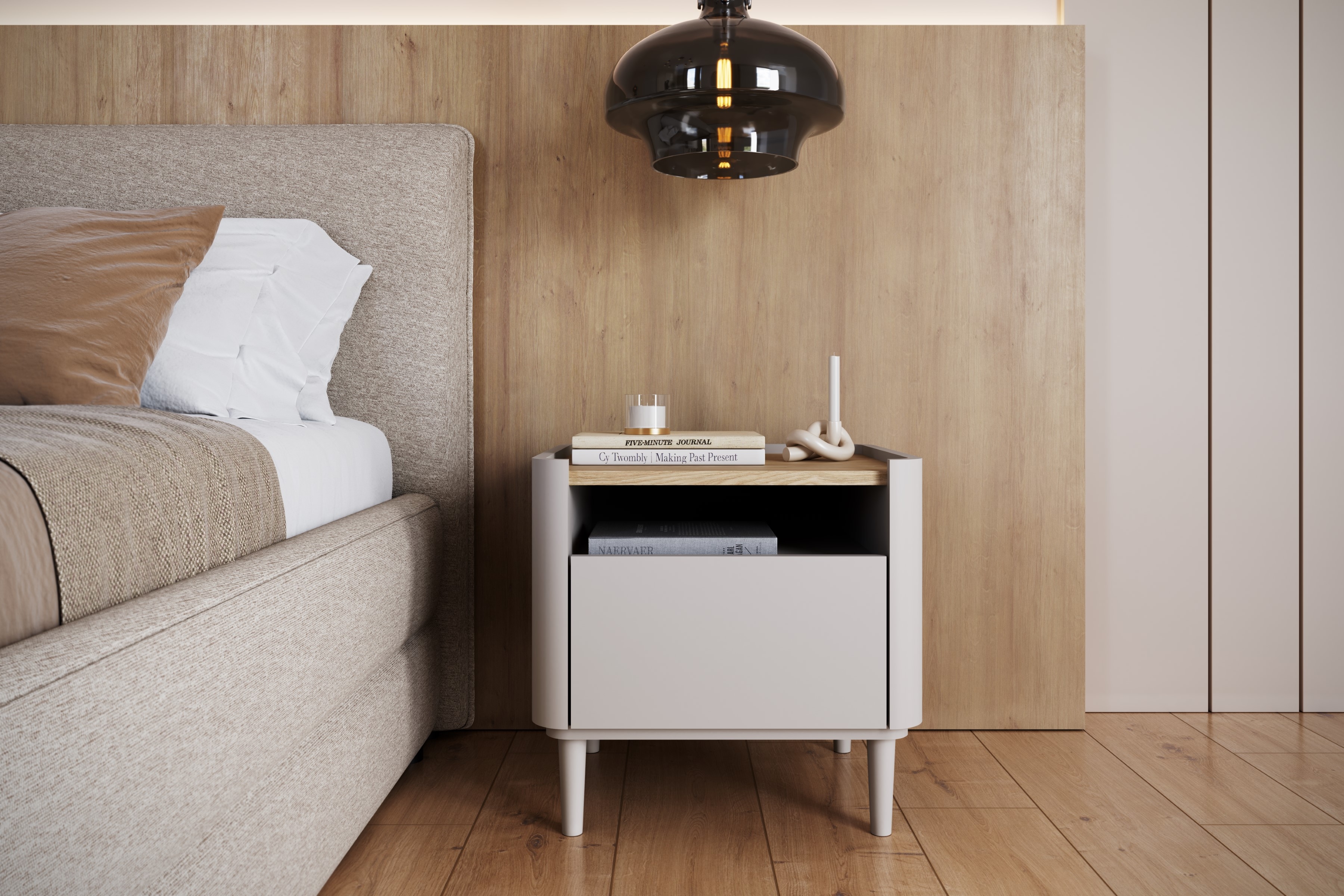 Nočný stolík Elivo 50 cm na nožičkách - kašmírová / dub olejovaný Nočný Stolík Elivo 50 cm z szuflada na nôžkach - kašmír / Dub olejowany