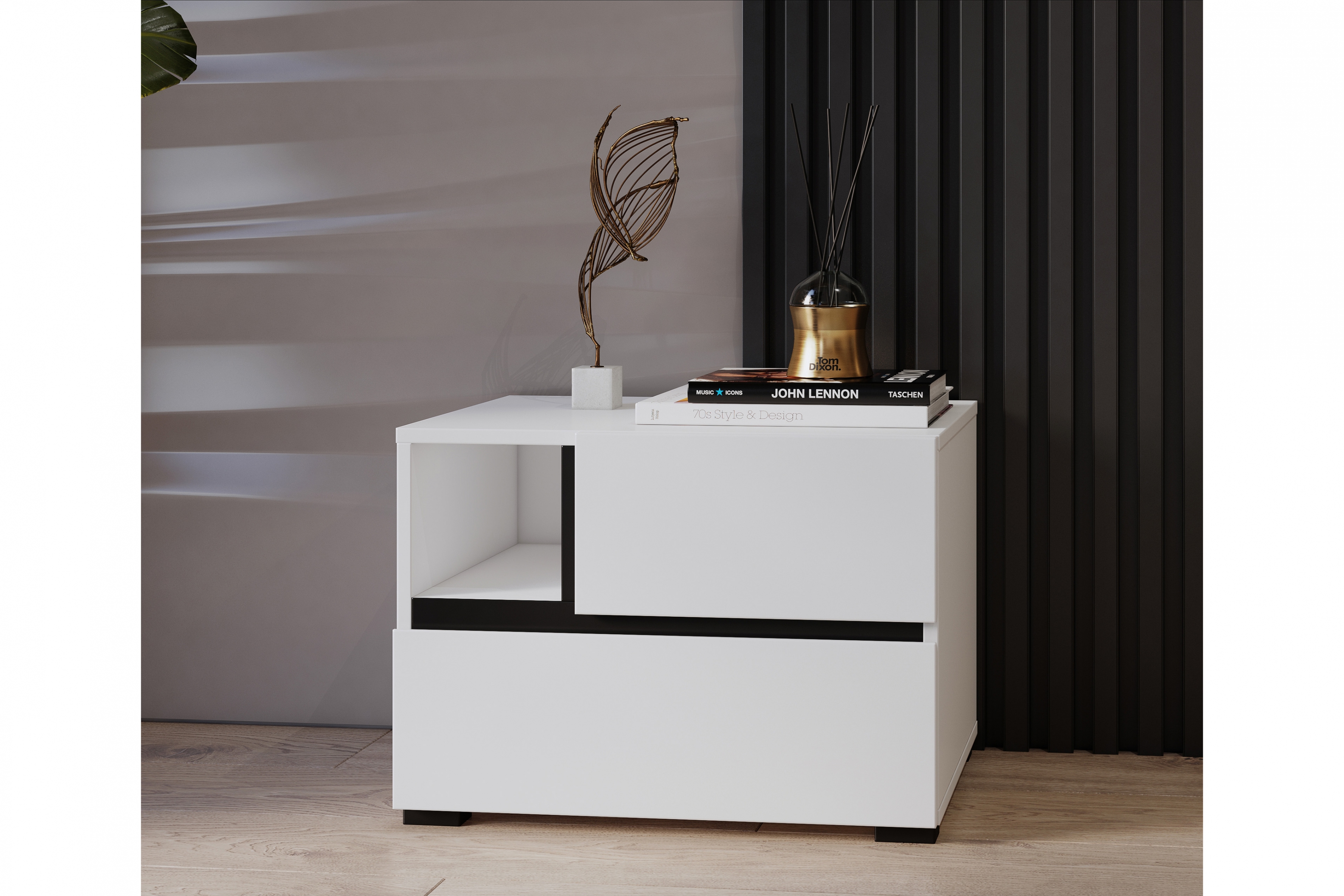 Nočný stolík Cross 55 cm so zásuvkami - biela / čierna Nočný Stolík Gramon 55 cm so zásuvkami - biela / čierny