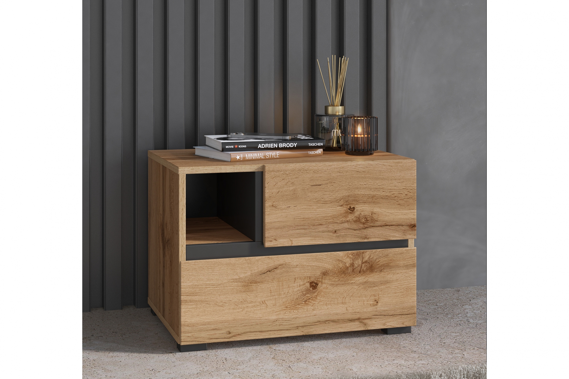 Noční stolek Cross 55 cm se zásuvkami – dub wotan / černá Noční stolek Gramon 55 cm se zásuvkami - dub wotan / černá