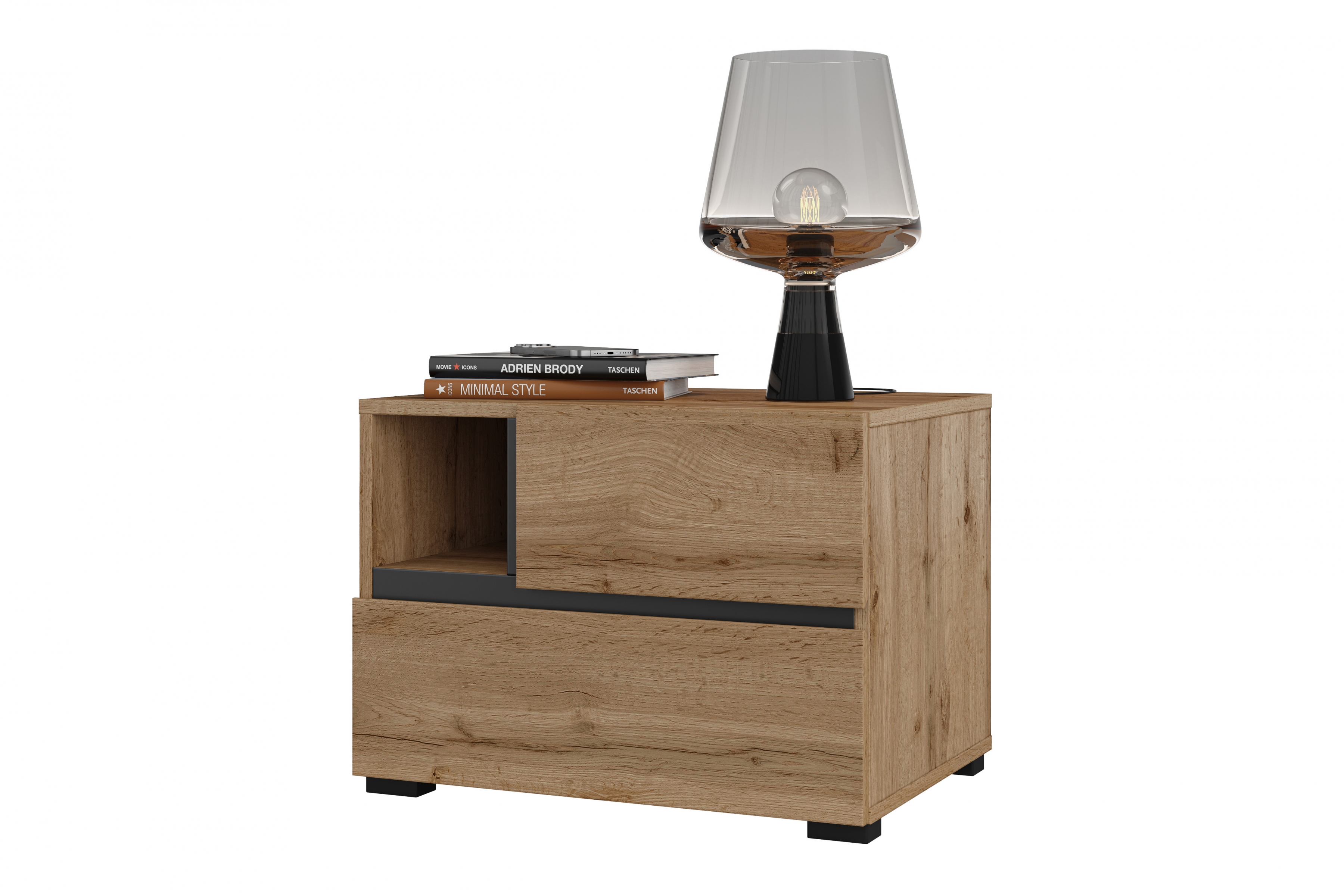 Noční stolek Cross 55 cm se zásuvkami – dub wotan / černá Noční stolek Gramon 55 cm se zásuvkami - dub wotan / černá