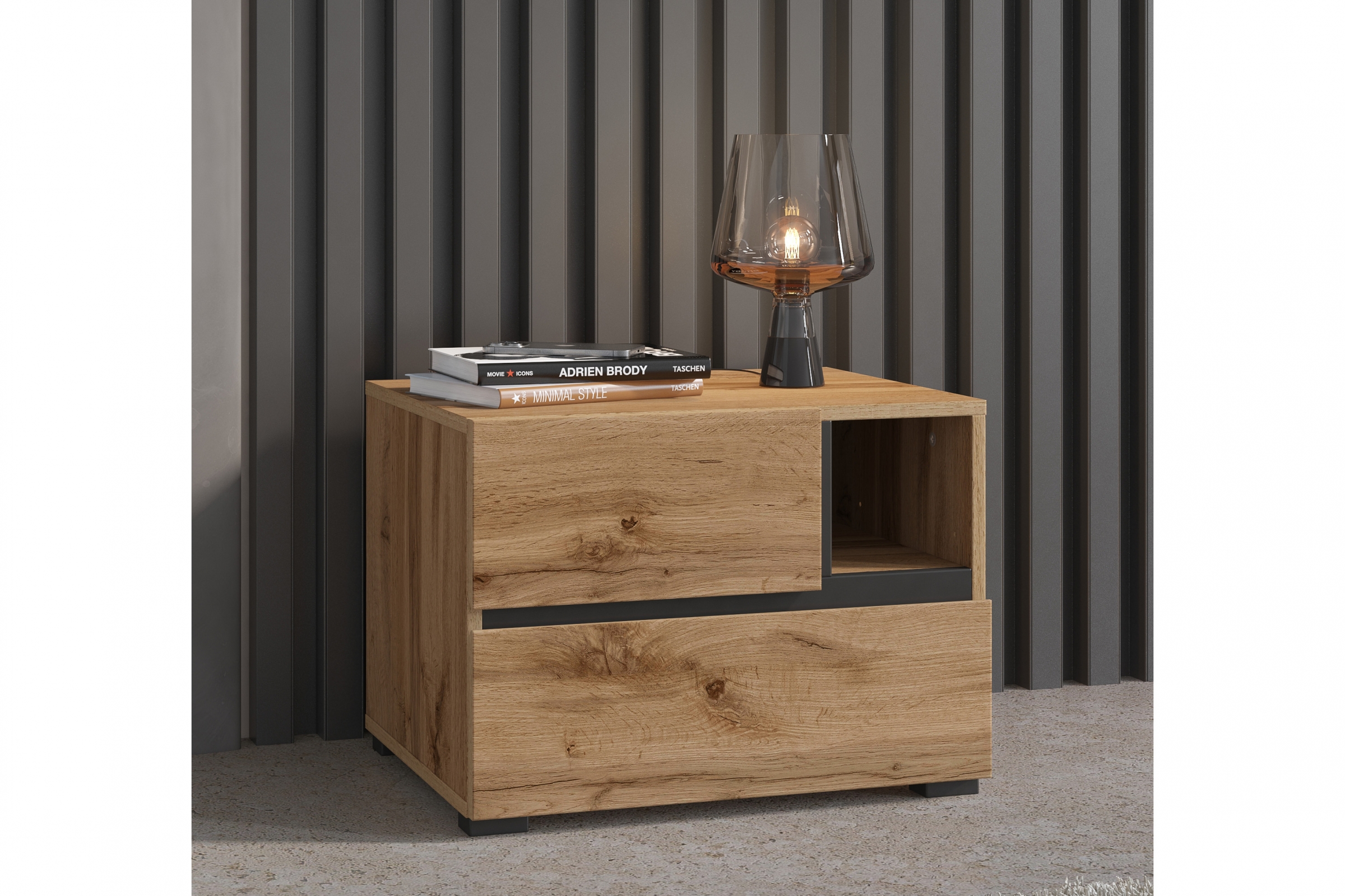 Noční stolek Cross 55 cm se zásuvkami – dub wotan / černá Noční stolek Gramon 55 cm se zásuvkami - dub wotan / černá