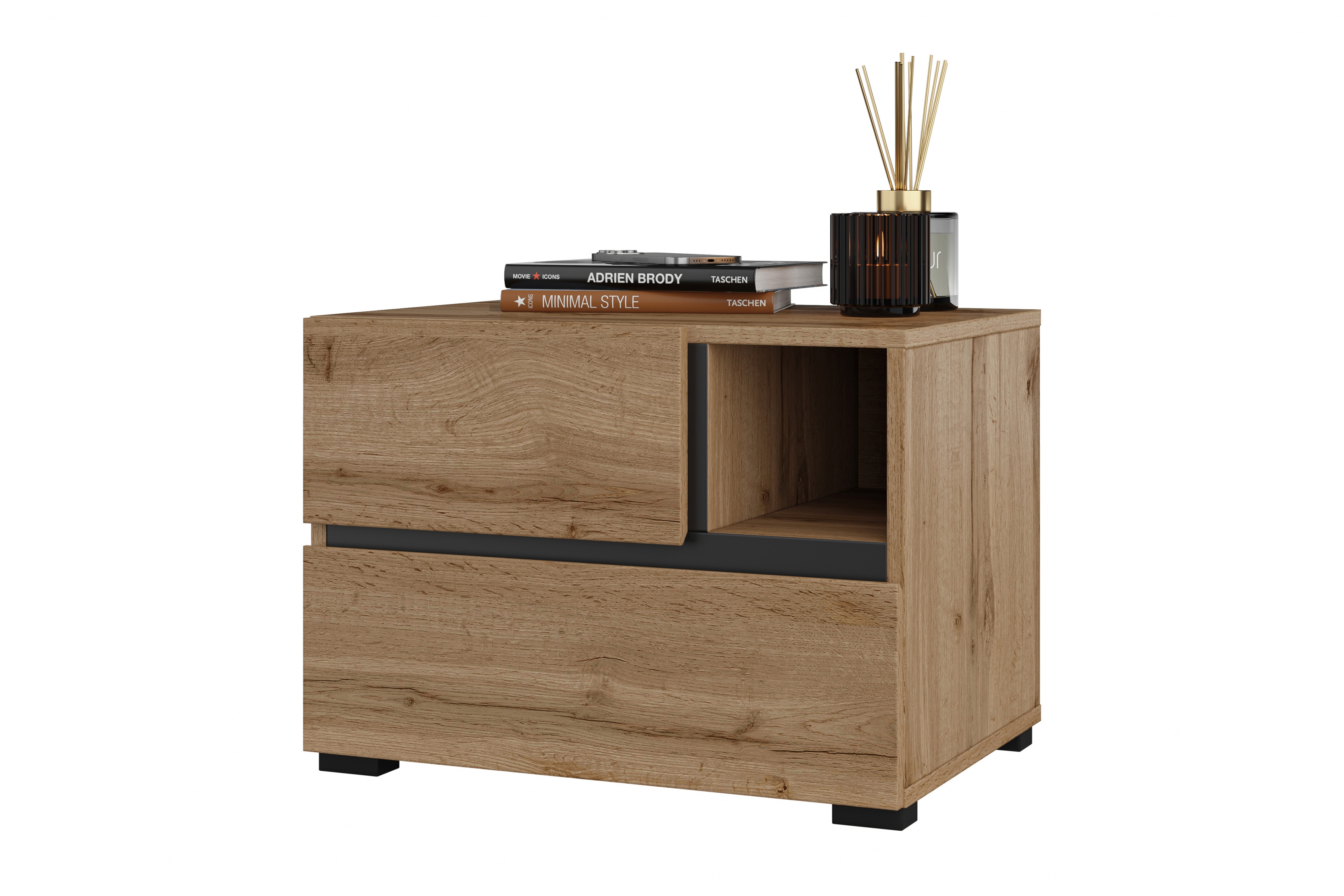 Noční stolek Cross 55 cm se zásuvkami – dub wotan / černá Noční stolek Gramon 55 cm se zásuvkami - dub wotan / černá