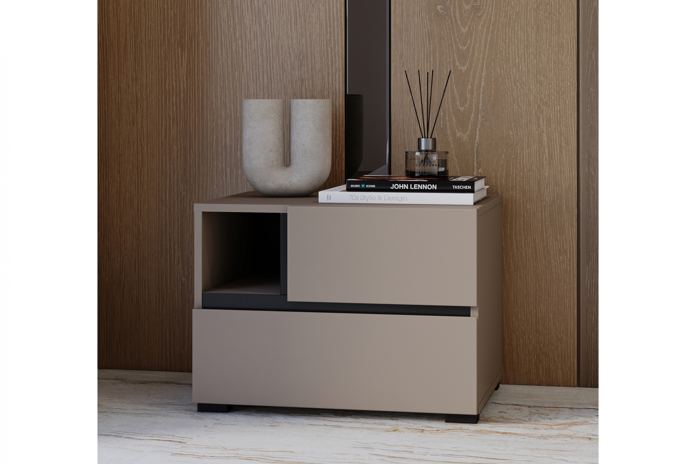 Nočný stolík Cross 55 cm so zásuvkami - kašmírová / čierna Nočný Stolík Gramon 55 cm so zásuvkami - kašmír / Čierny